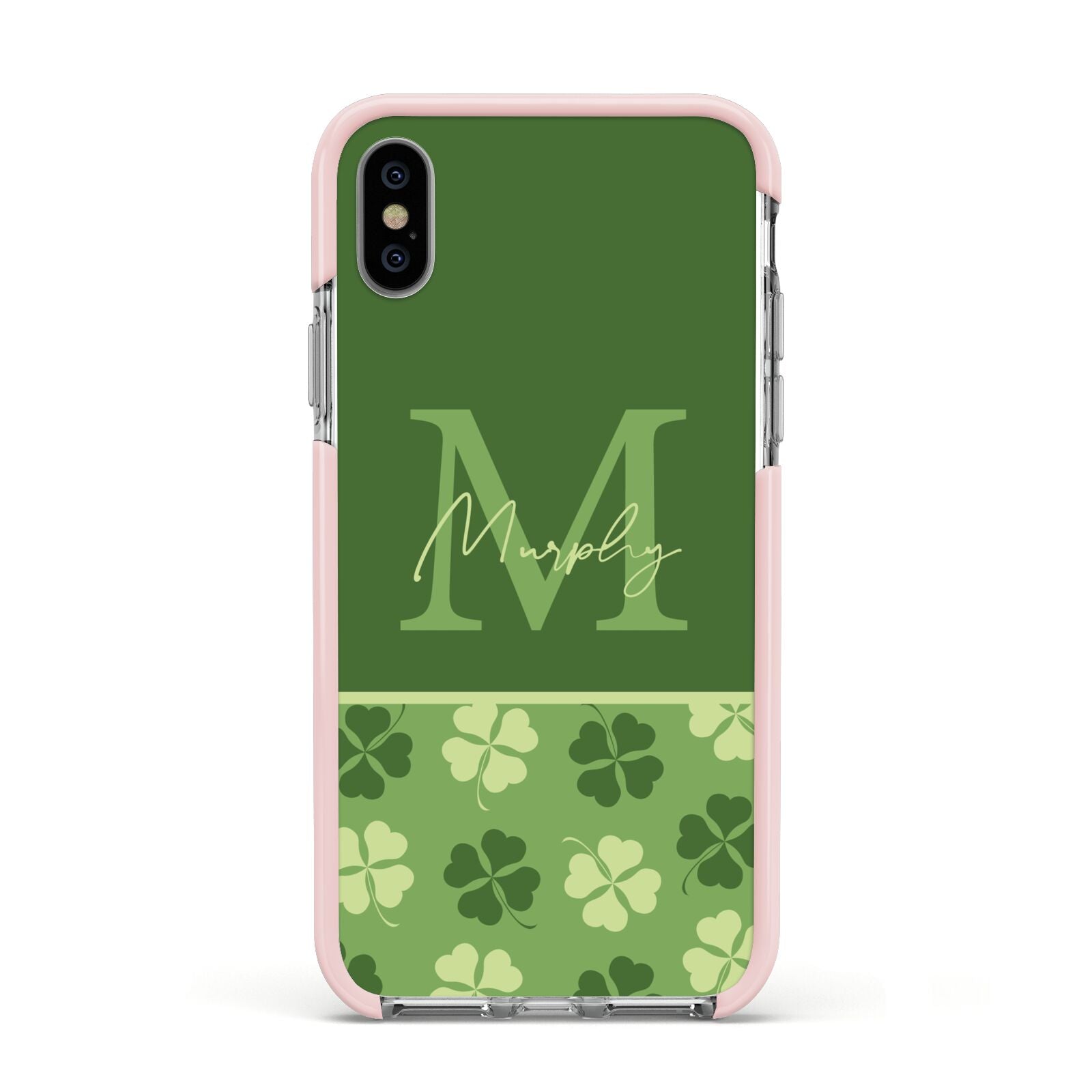 Personalised St Patricks Day Monogram Apple iPhone Xs Impact Case Pink Edge on Silver Phone
