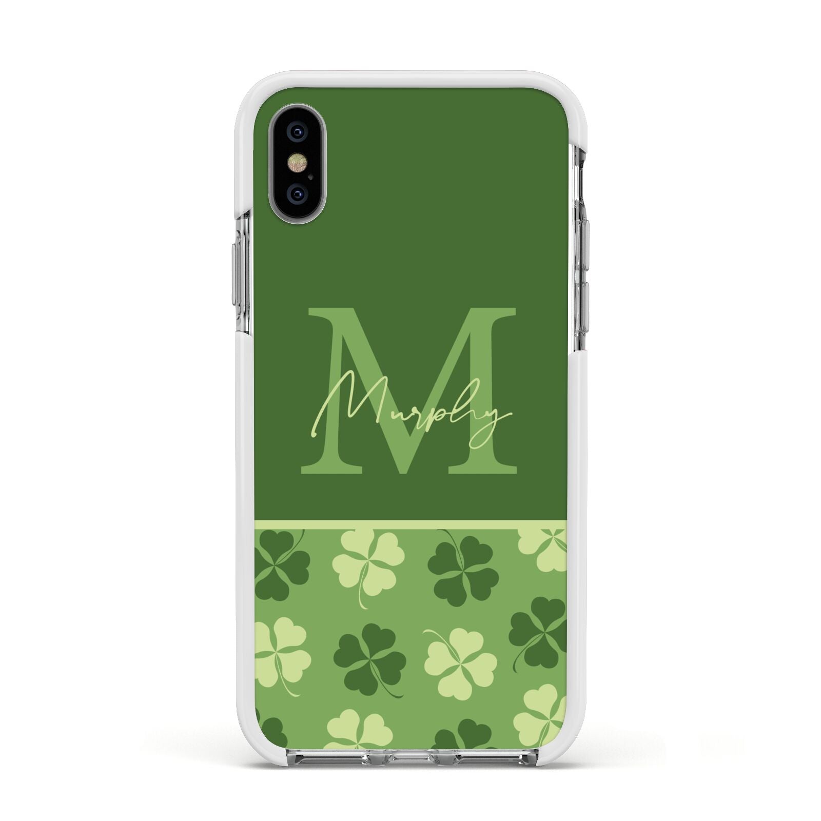 Personalised St Patricks Day Monogram Apple iPhone Xs Impact Case White Edge on Silver Phone