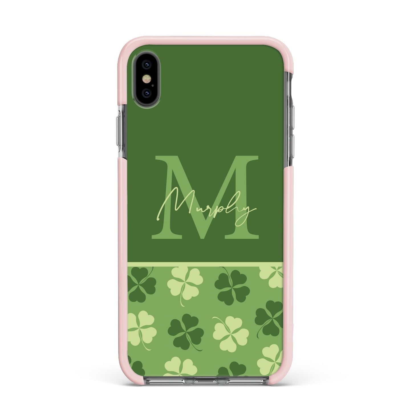 Personalised St Patricks Day Monogram Apple iPhone Xs Max Impact Case Pink Edge on Black Phone