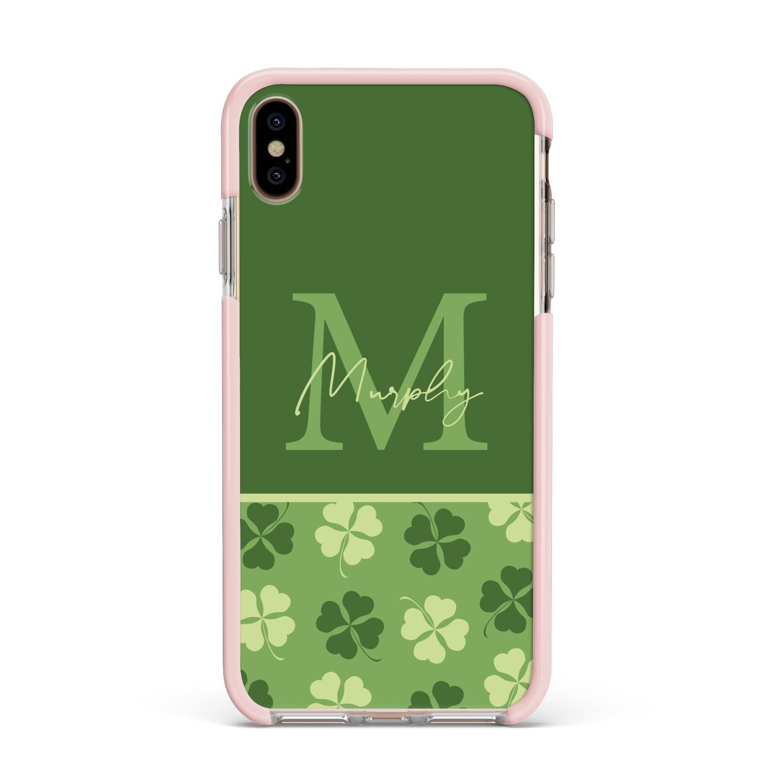 Personalised St Patricks Day Monogram Apple iPhone Xs Max Impact Case Pink Edge on Gold Phone