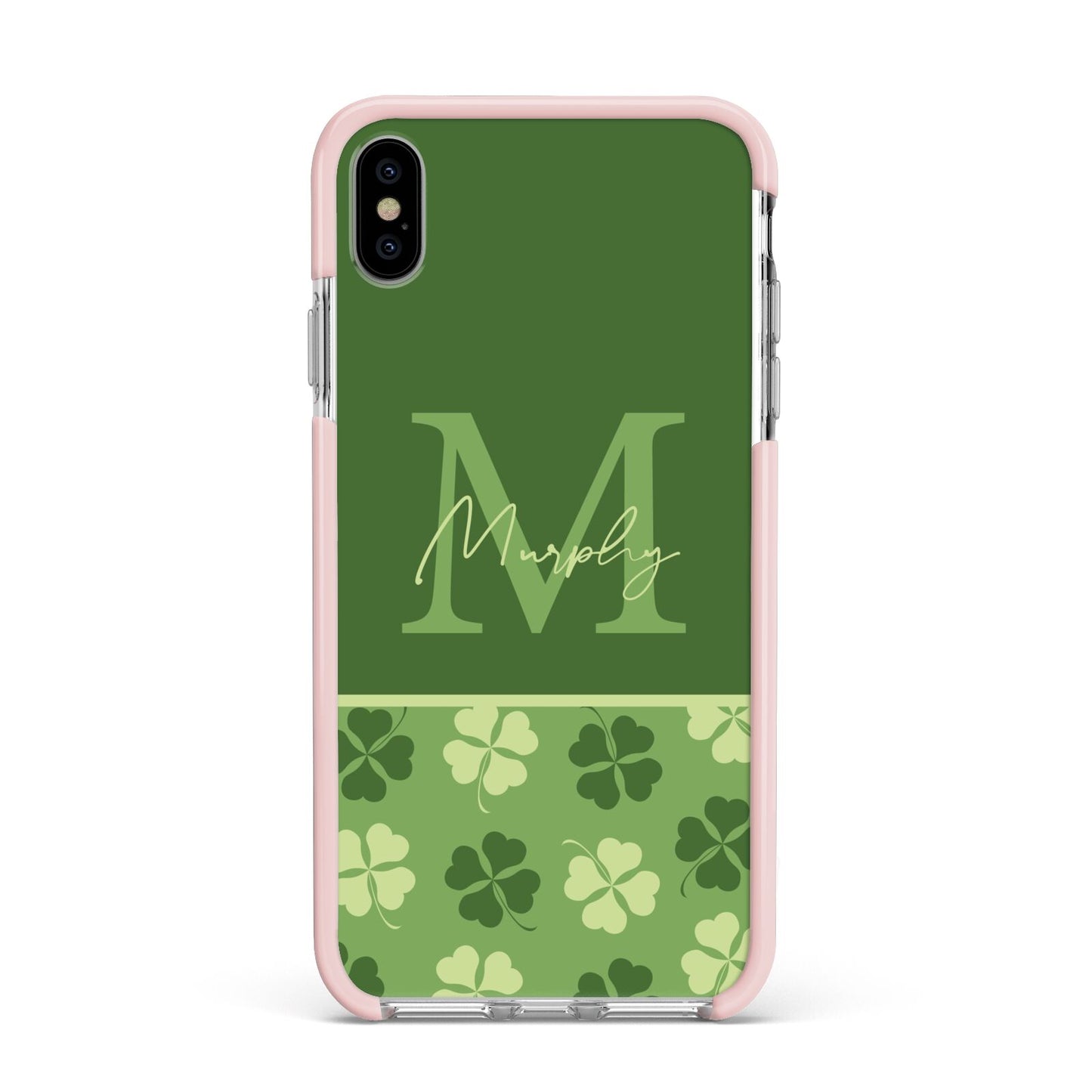 Personalised St Patricks Day Monogram Apple iPhone Xs Max Impact Case Pink Edge on Silver Phone