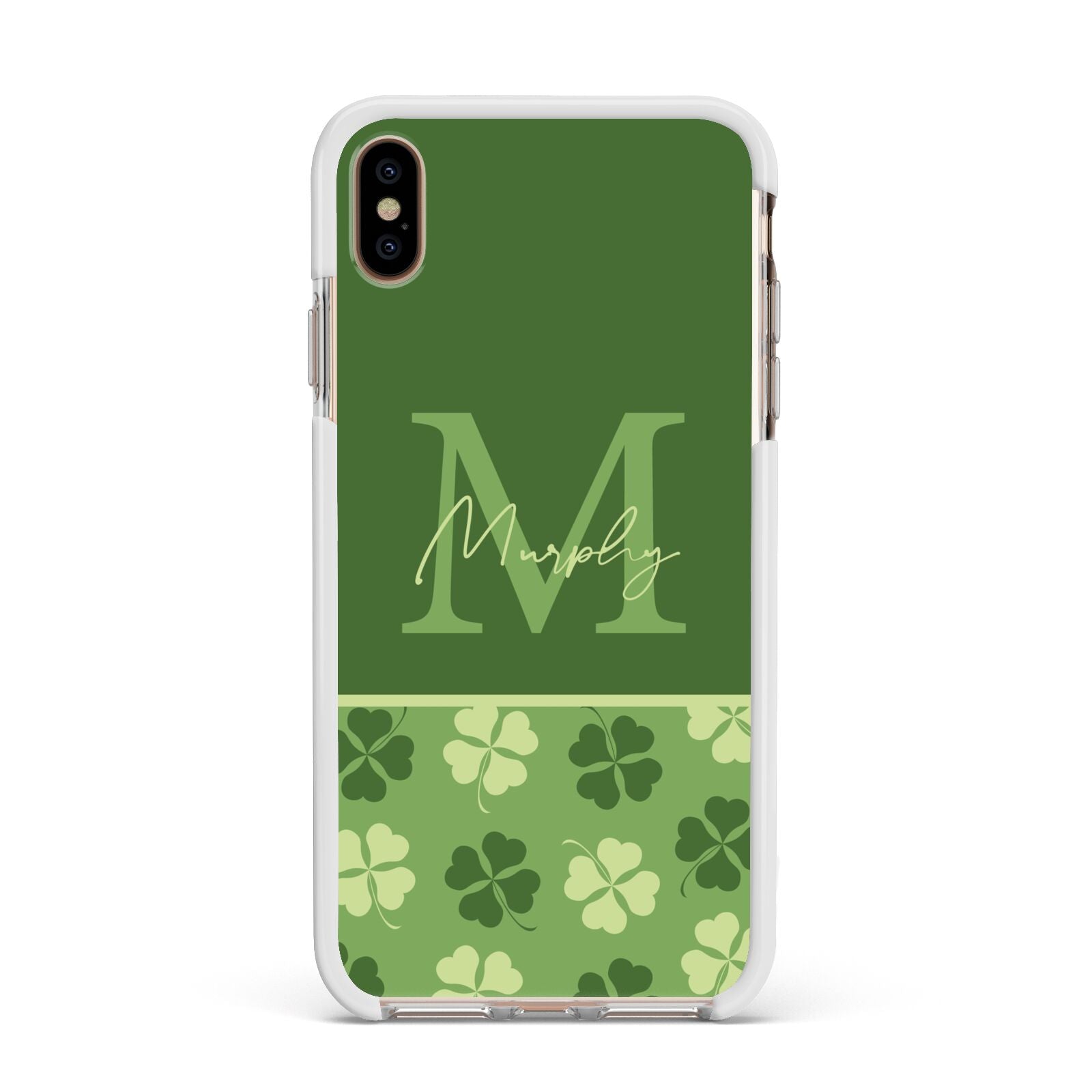 Personalised St Patricks Day Monogram Apple iPhone Xs Max Impact Case White Edge on Gold Phone