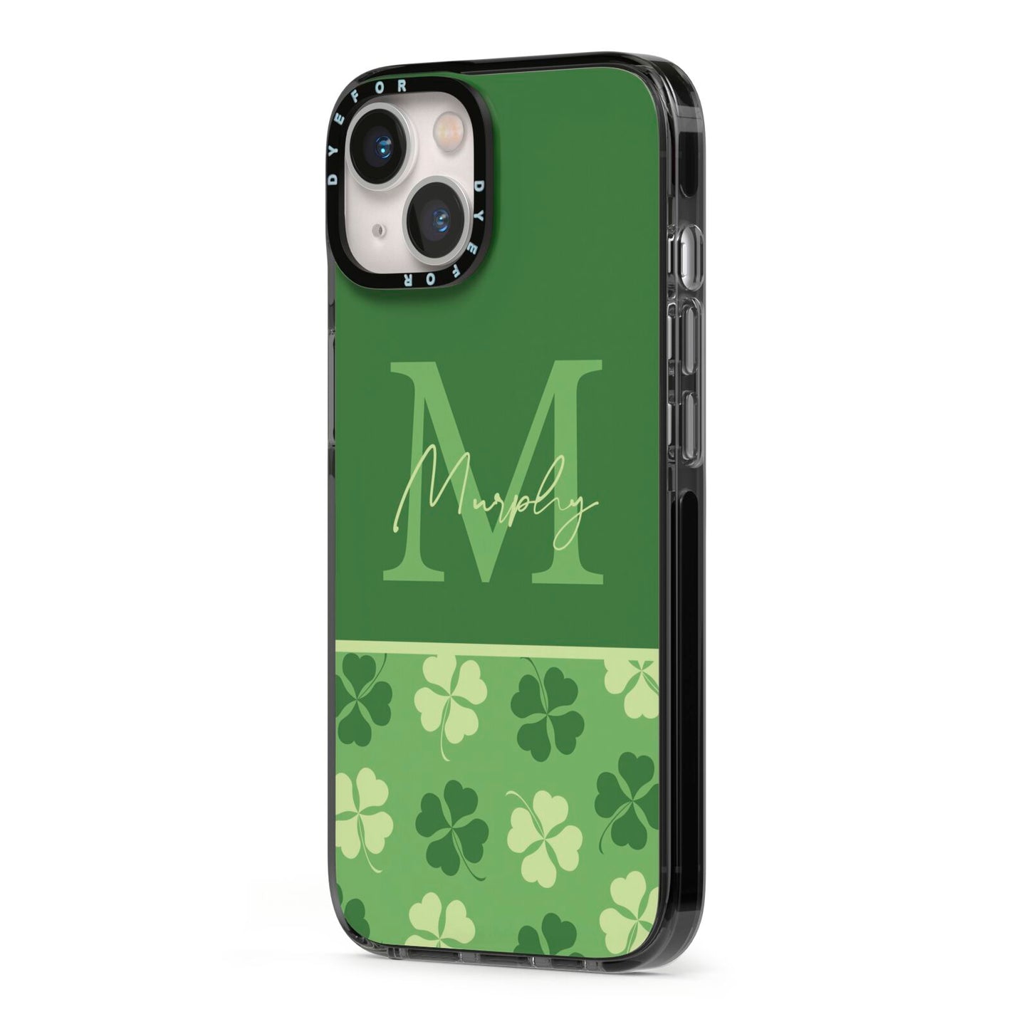 Personalised St Patricks Day Monogram iPhone 13 Black Impact Case Side Angle on Silver phone