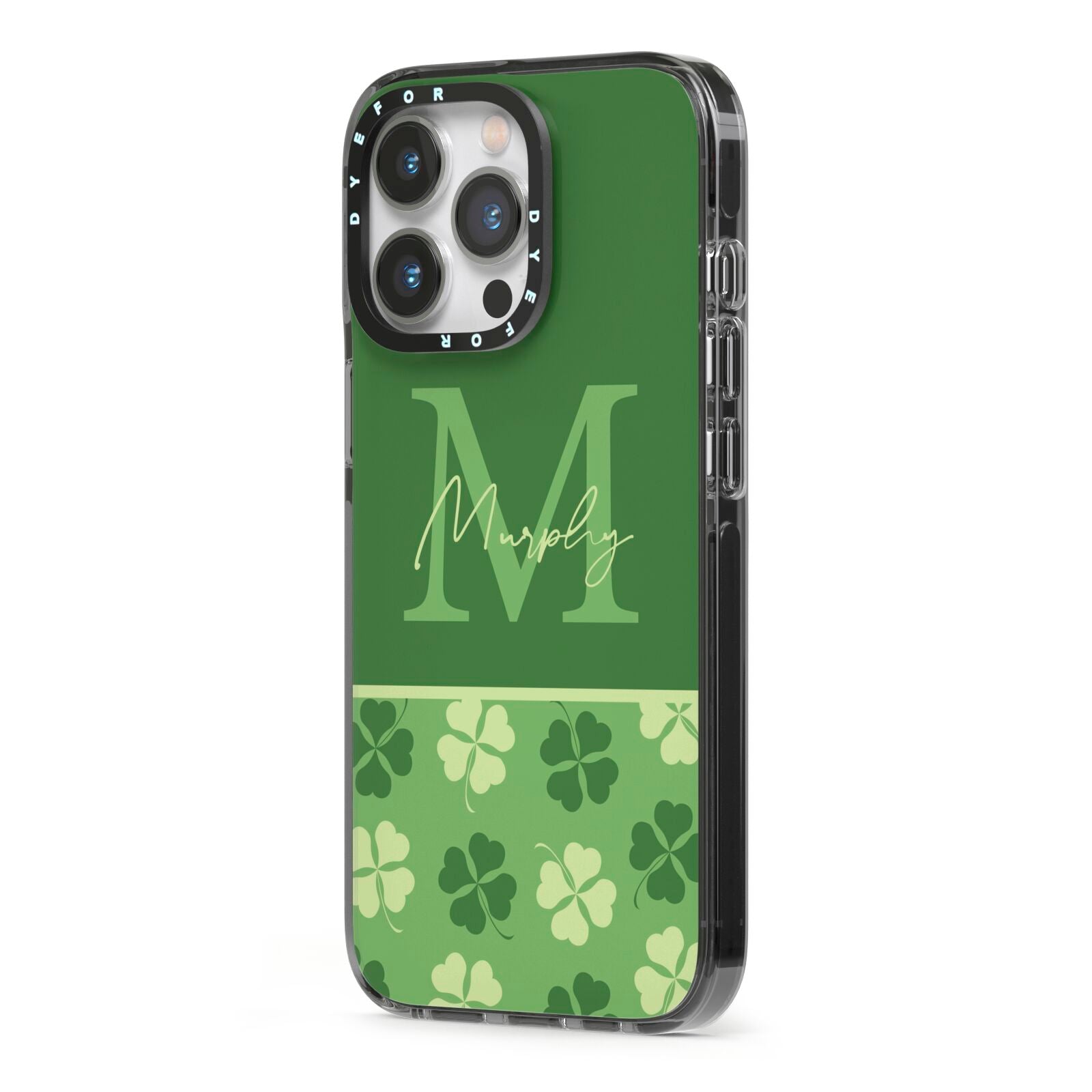 Personalised St Patricks Day Monogram iPhone 13 Pro Black Impact Case Side Angle on Silver phone