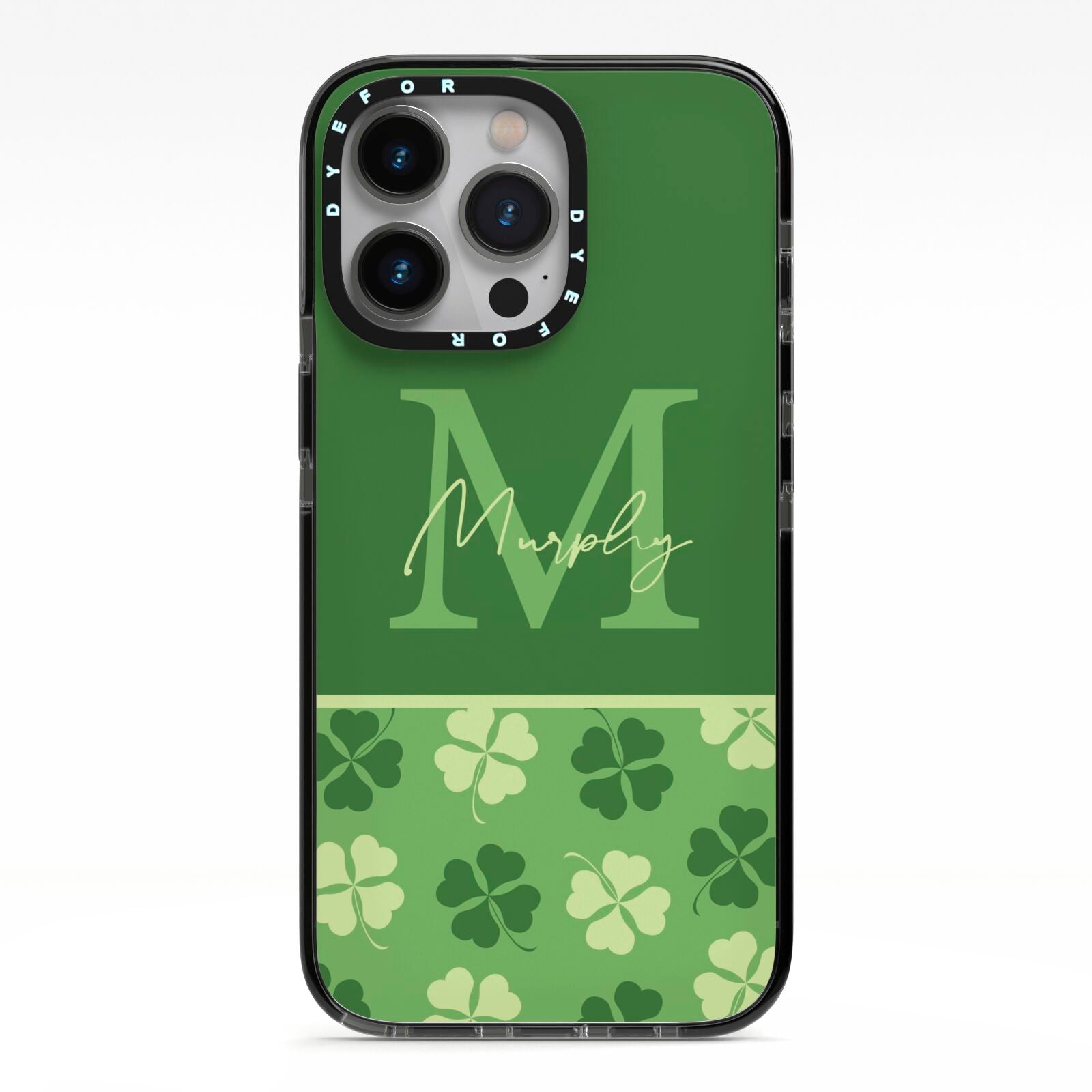 Personalised St Patricks Day Monogram iPhone 13 Pro Black Impact Case on Silver phone