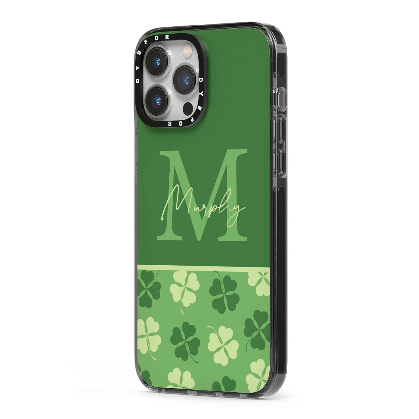 Personalised St Patricks Day Monogram iPhone 13 Pro Max Black Impact Case Side Angle on Silver phone