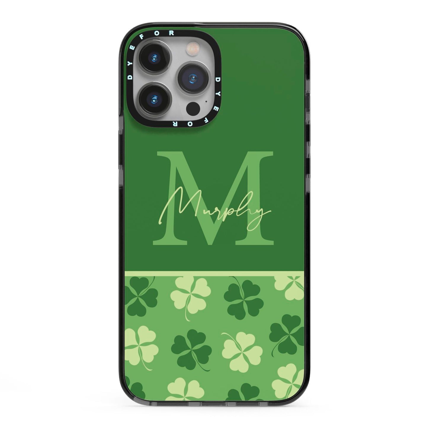 Personalised St Patricks Day Monogram iPhone 13 Pro Max Black Impact Case on Silver phone