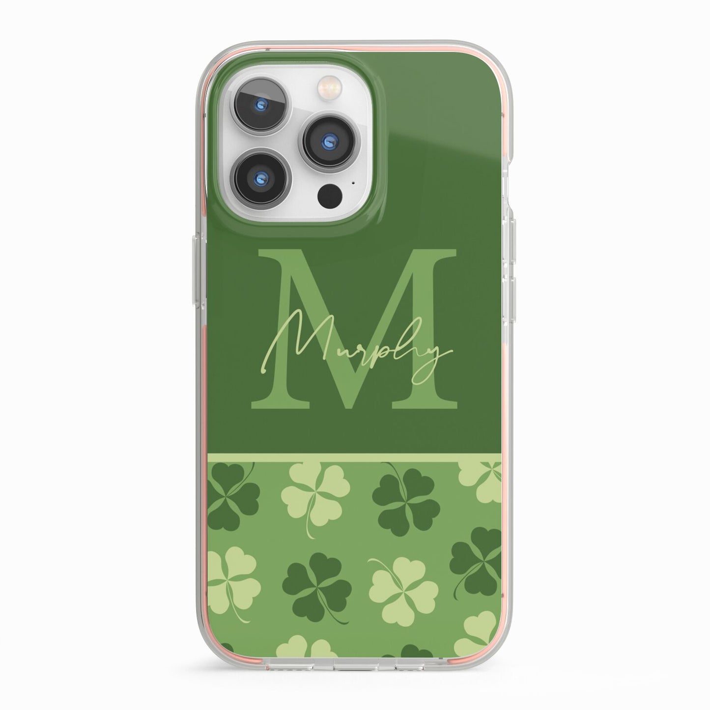 Personalised St Patricks Day Monogram iPhone 13 Pro TPU Impact Case with Pink Edges