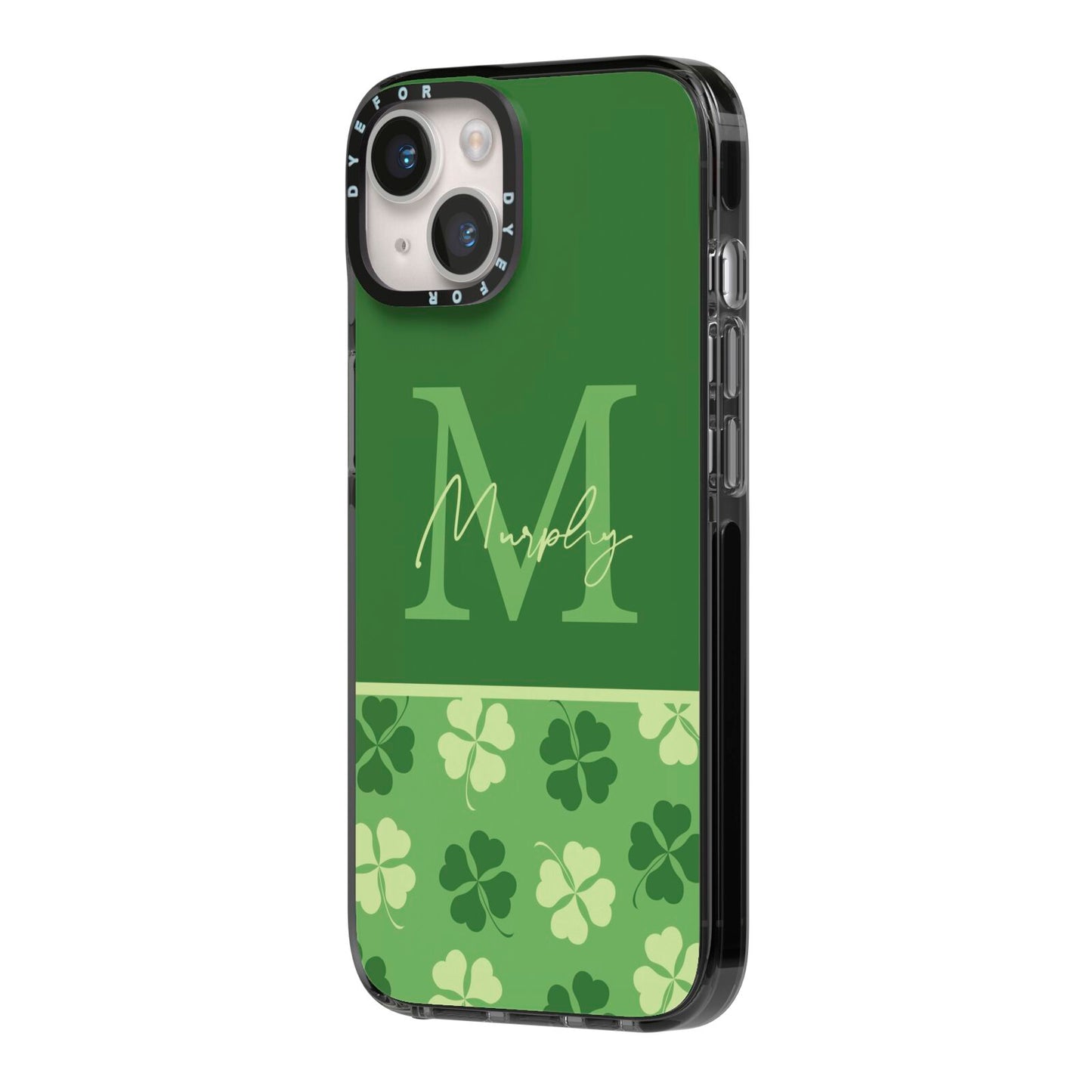 Personalised St Patricks Day Monogram iPhone 14 Black Impact Case Side Angle on Silver phone