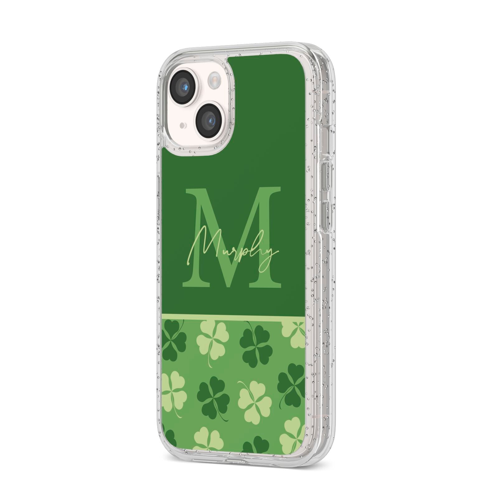 Personalised St Patricks Day Monogram iPhone 14 Glitter Tough Case Starlight Angled Image