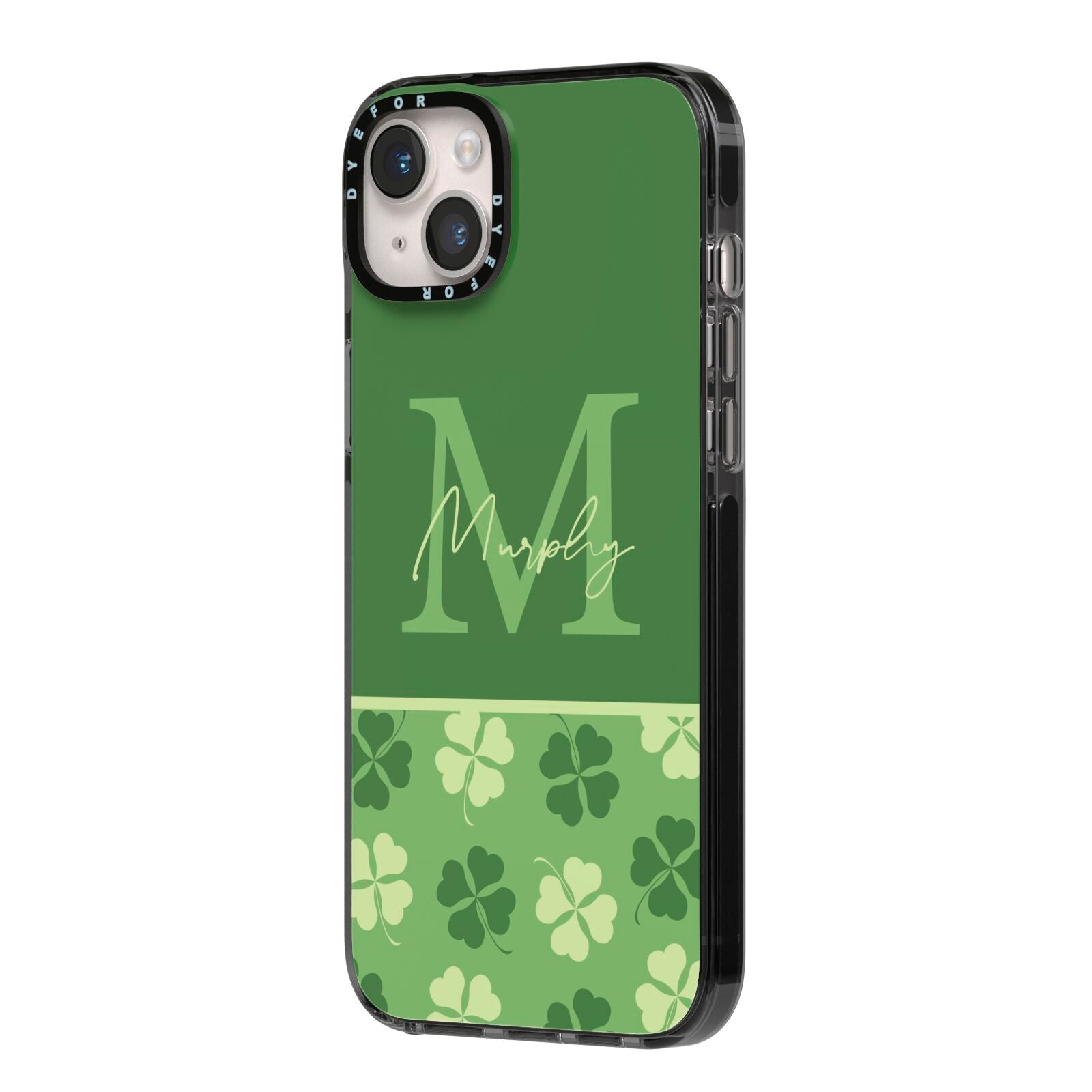 Personalised St Patricks Day Monogram iPhone 14 Plus Black Impact Case Side Angle on Silver phone