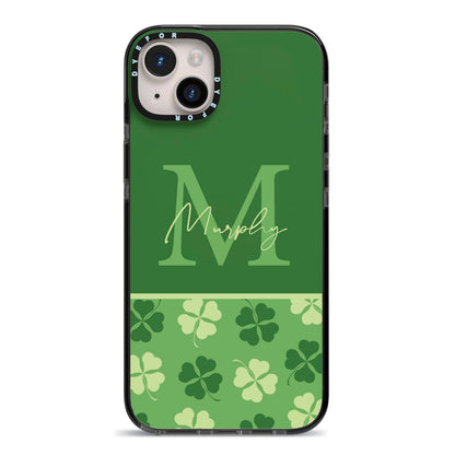 Personalised St Patricks Day Monogram iPhone 14 Plus Black Impact Case on Silver phone