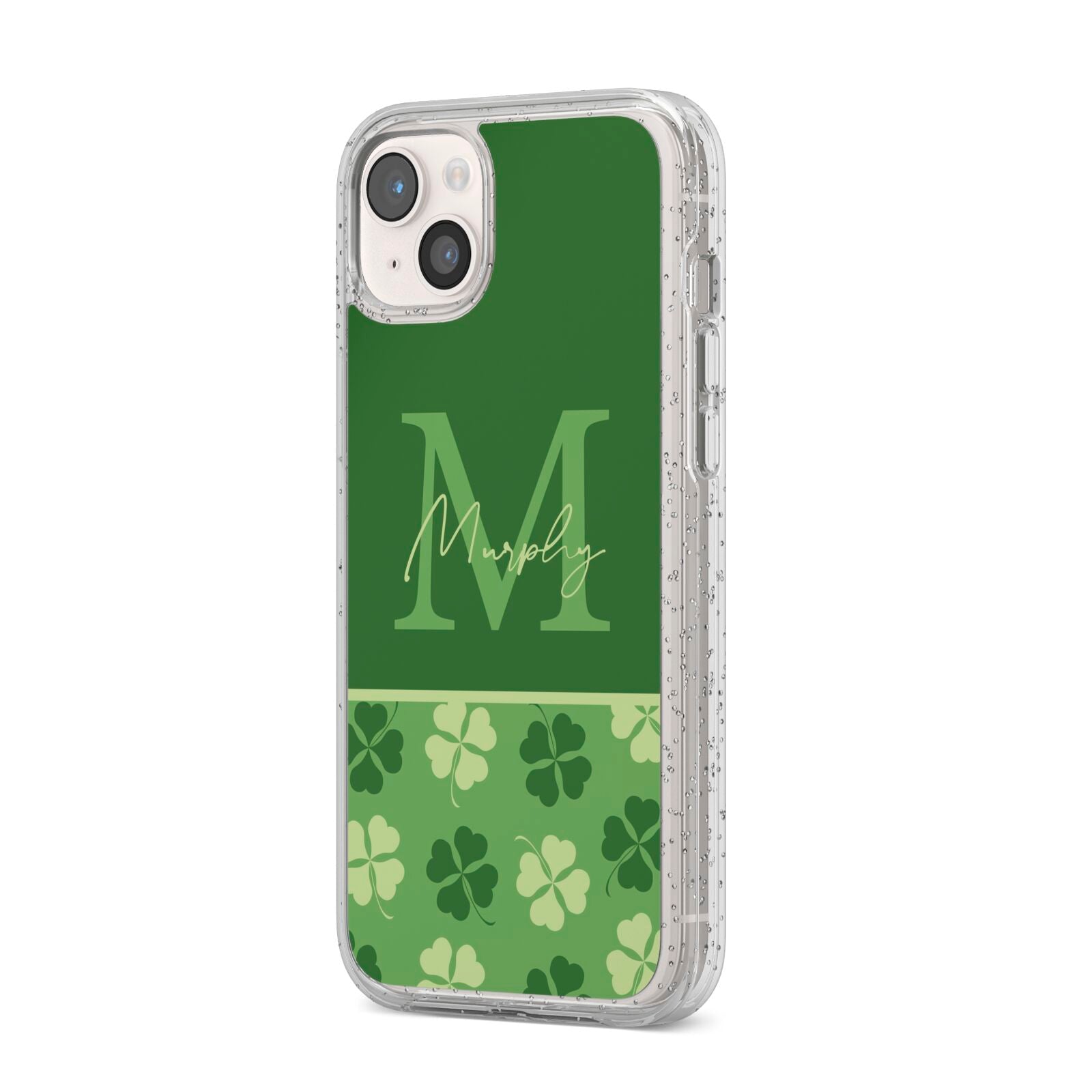 Personalised St Patricks Day Monogram iPhone 14 Plus Glitter Tough Case Starlight Angled Image