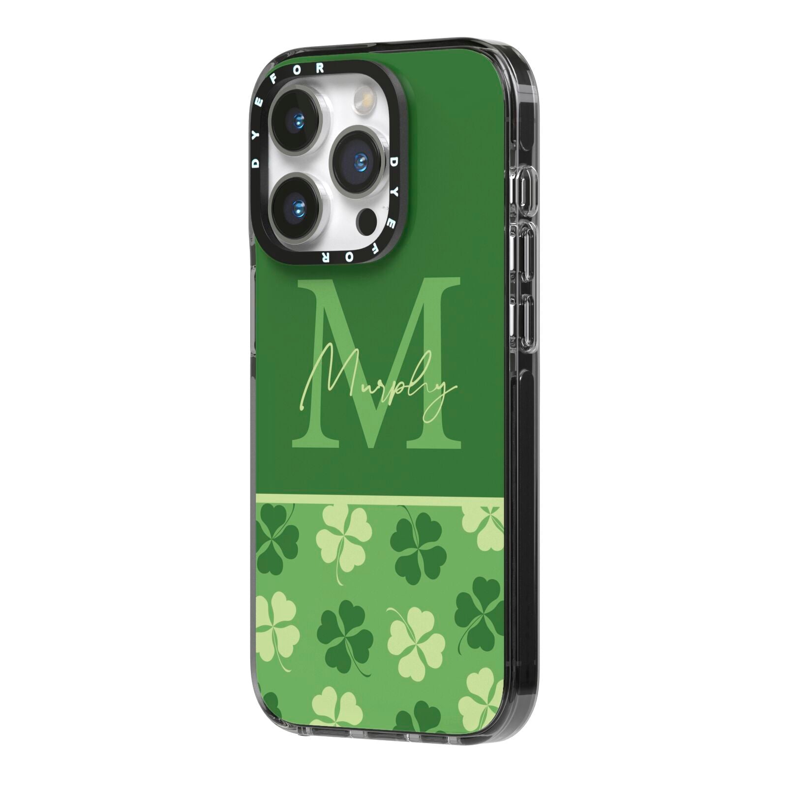 Personalised St Patricks Day Monogram iPhone 14 Pro Black Impact Case Side Angle on Silver phone