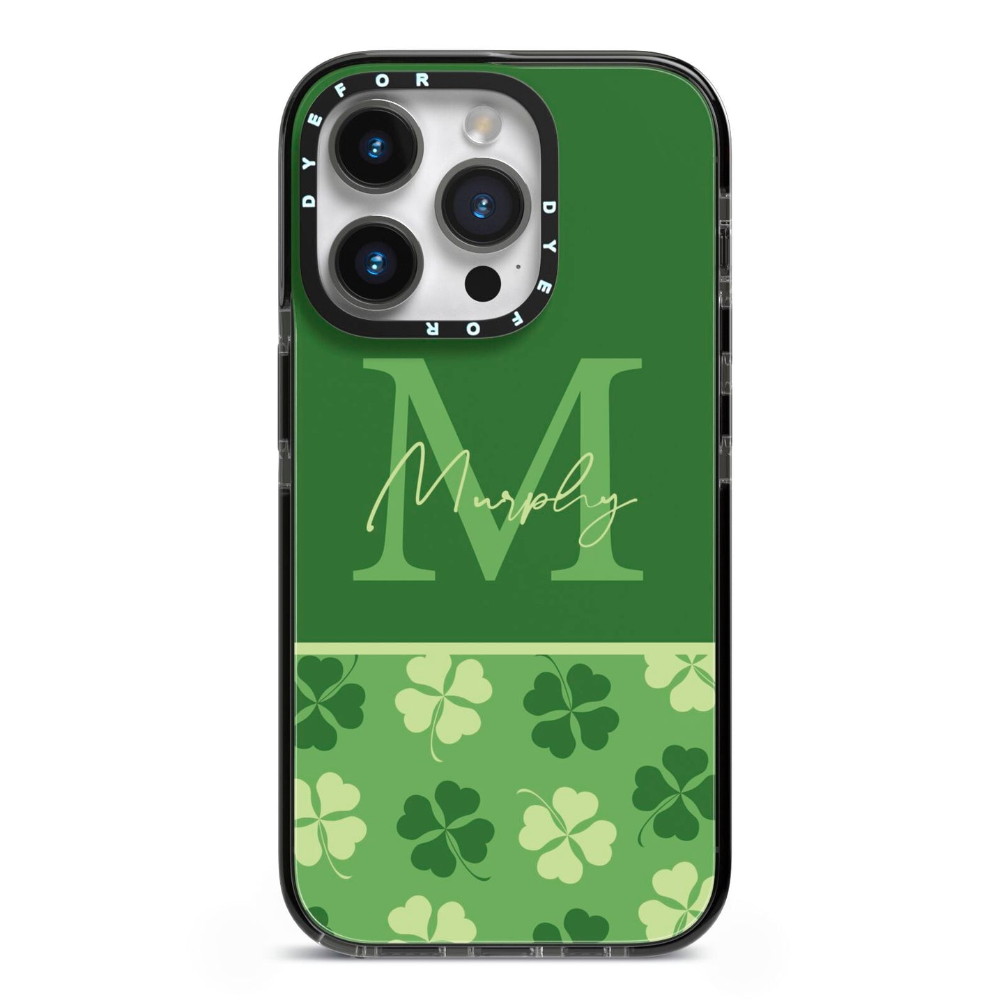 Personalised St Patricks Day Monogram iPhone 14 Pro Black Impact Case on Silver phone
