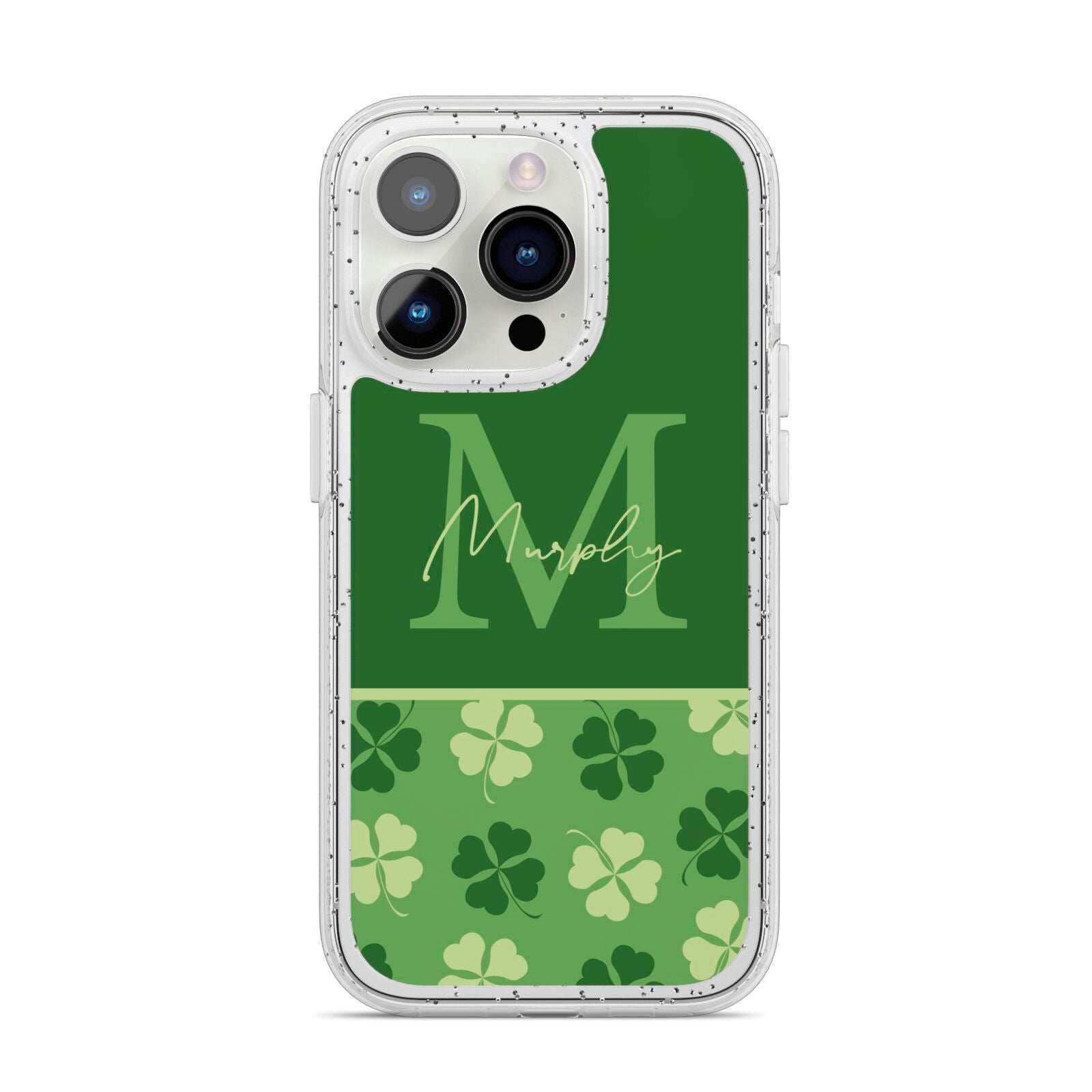 Personalised St Patricks Day Monogram iPhone 14 Pro Glitter Tough Case Silver