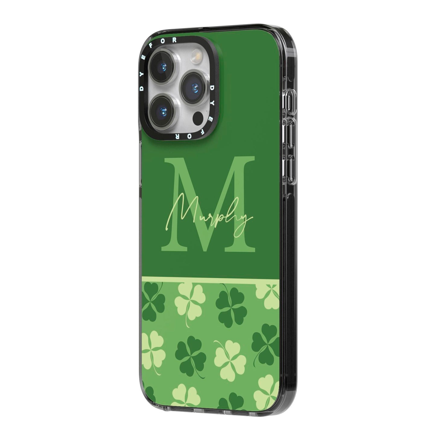 Personalised St Patricks Day Monogram iPhone 14 Pro Max Black Impact Case Side Angle on Silver phone
