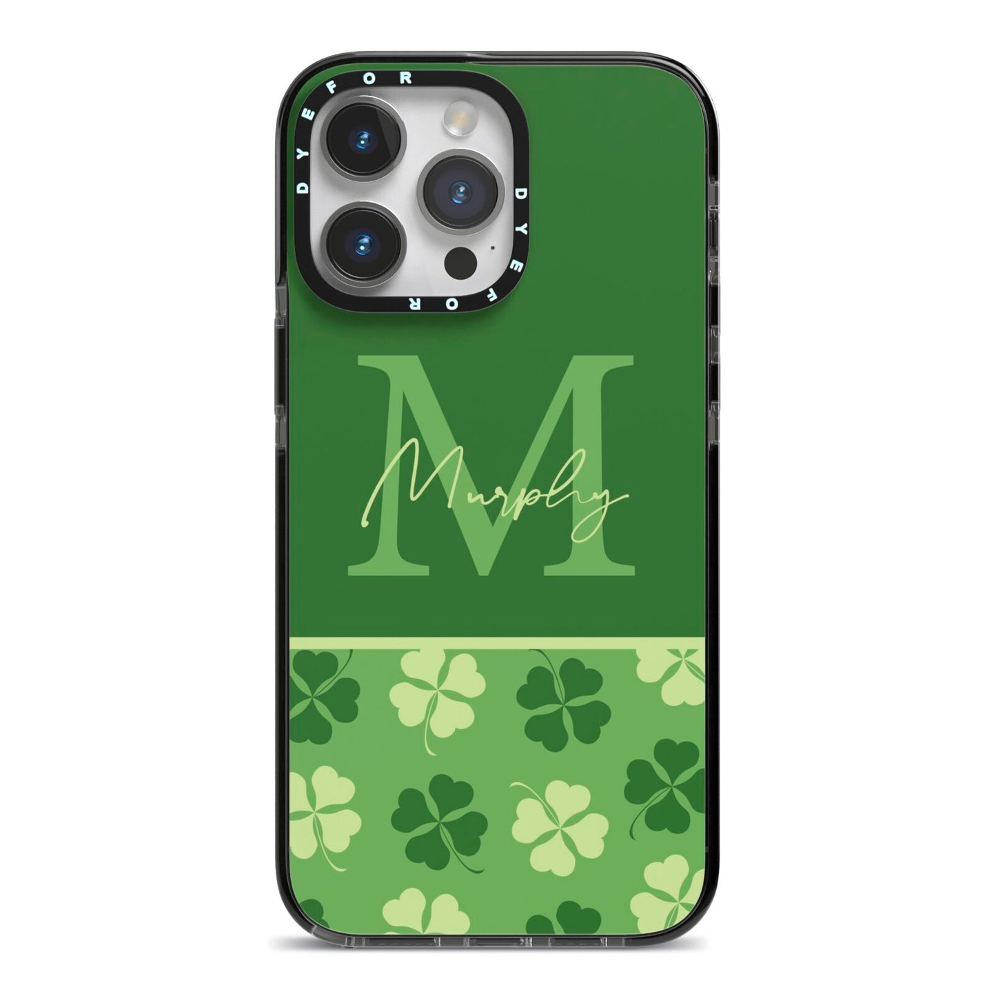 Personalised St Patricks Day Monogram iPhone 14 Pro Max Black Impact Case on Silver phone