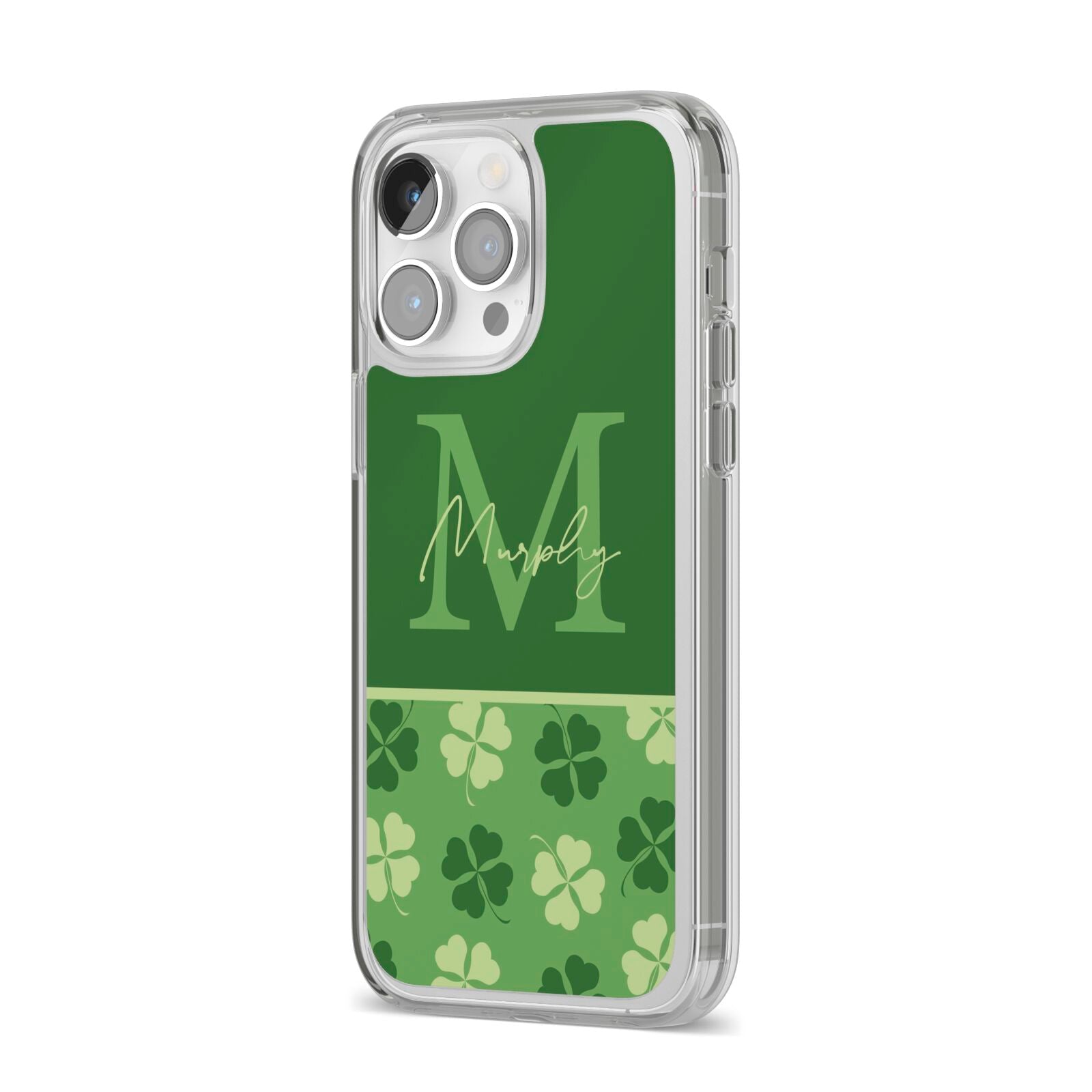 Personalised St Patricks Day Monogram iPhone 14 Pro Max Clear Tough Case Silver Angled Image