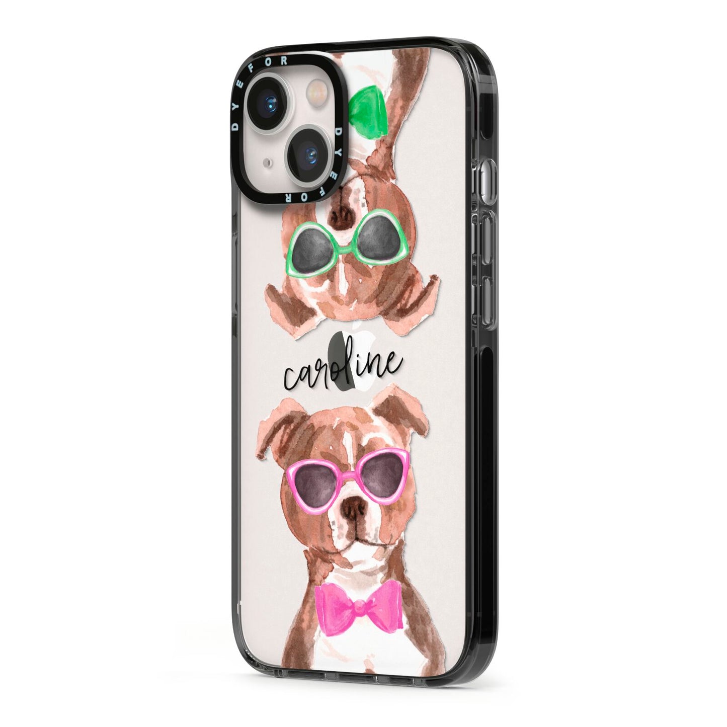 Personalised Staffordshire Bull Terrier iPhone 13 Black Impact Case Side Angle on Silver phone