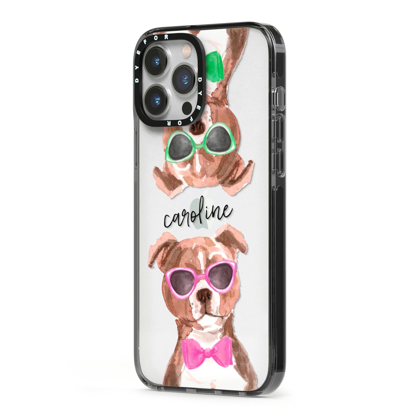 Personalised Staffordshire Bull Terrier iPhone 13 Pro Max Black Impact Case Side Angle on Silver phone