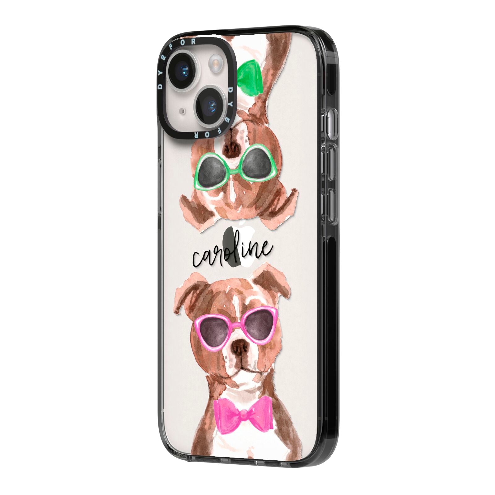 Personalised Staffordshire Bull Terrier iPhone 14 Black Impact Case Side Angle on Silver phone