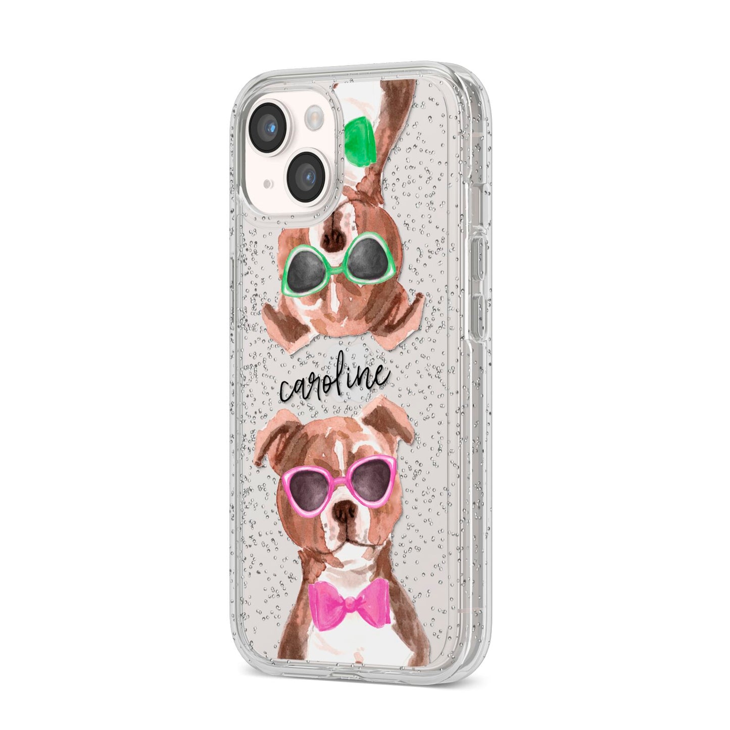 Personalised Staffordshire Bull Terrier iPhone 14 Glitter Tough Case Starlight Angled Image
