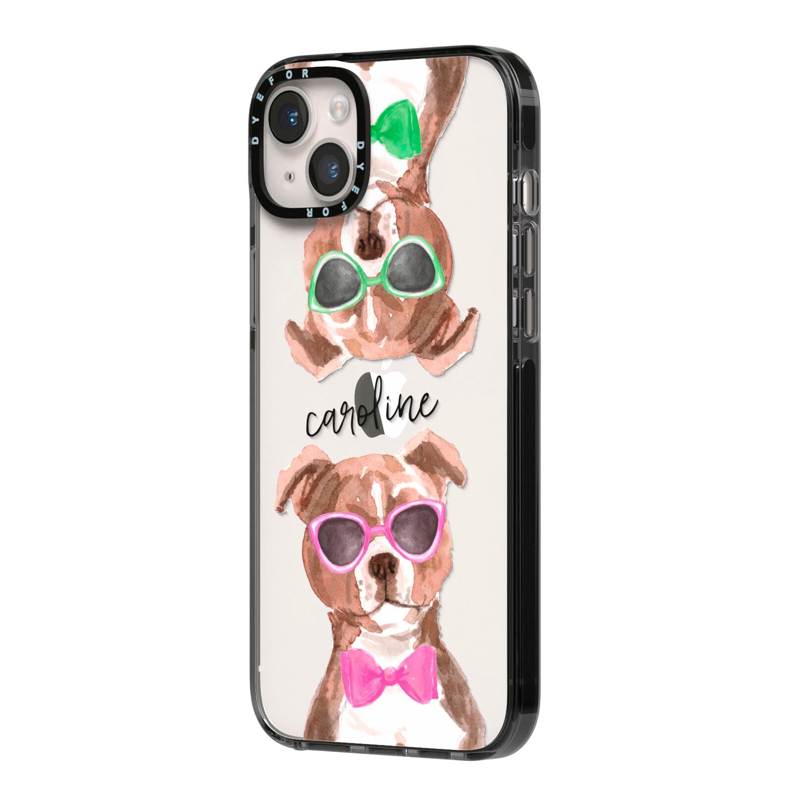 Personalised Staffordshire Bull Terrier iPhone 14 Plus Black Impact Case Side Angle on Silver phone