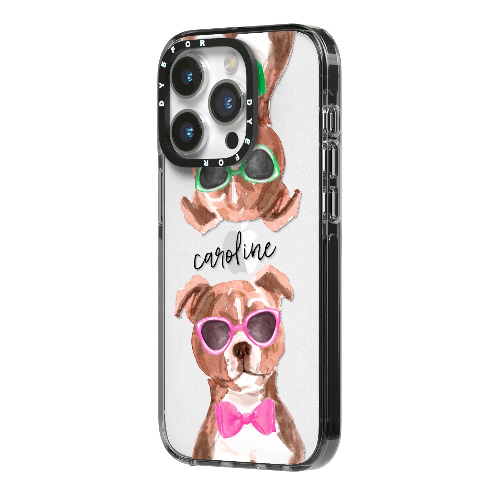 Personalised Staffordshire Bull Terrier iPhone 14 Pro Black Impact Case Side Angle on Silver phone