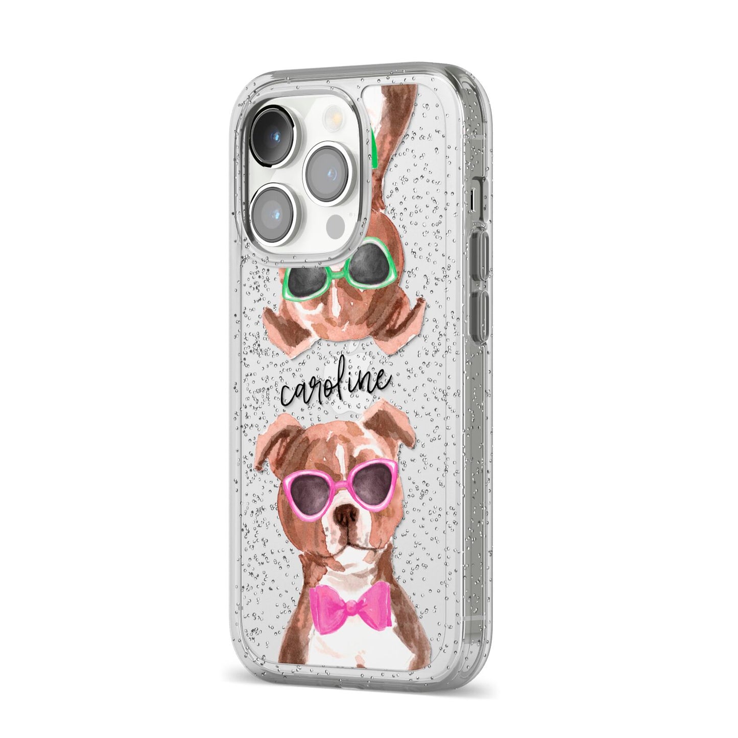 Personalised Staffordshire Bull Terrier iPhone 14 Pro Glitter Tough Case Silver Angled Image