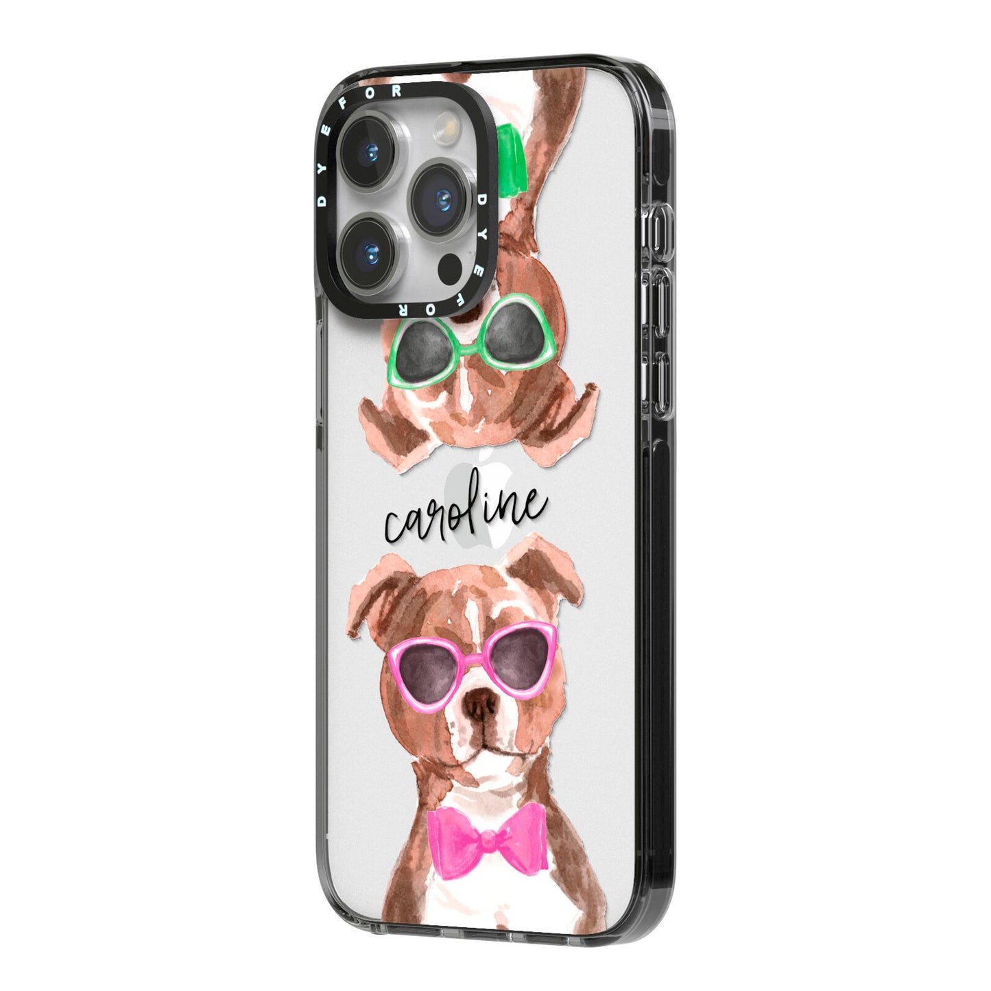 Personalised Staffordshire Bull Terrier iPhone 14 Pro Max Black Impact Case Side Angle on Silver phone