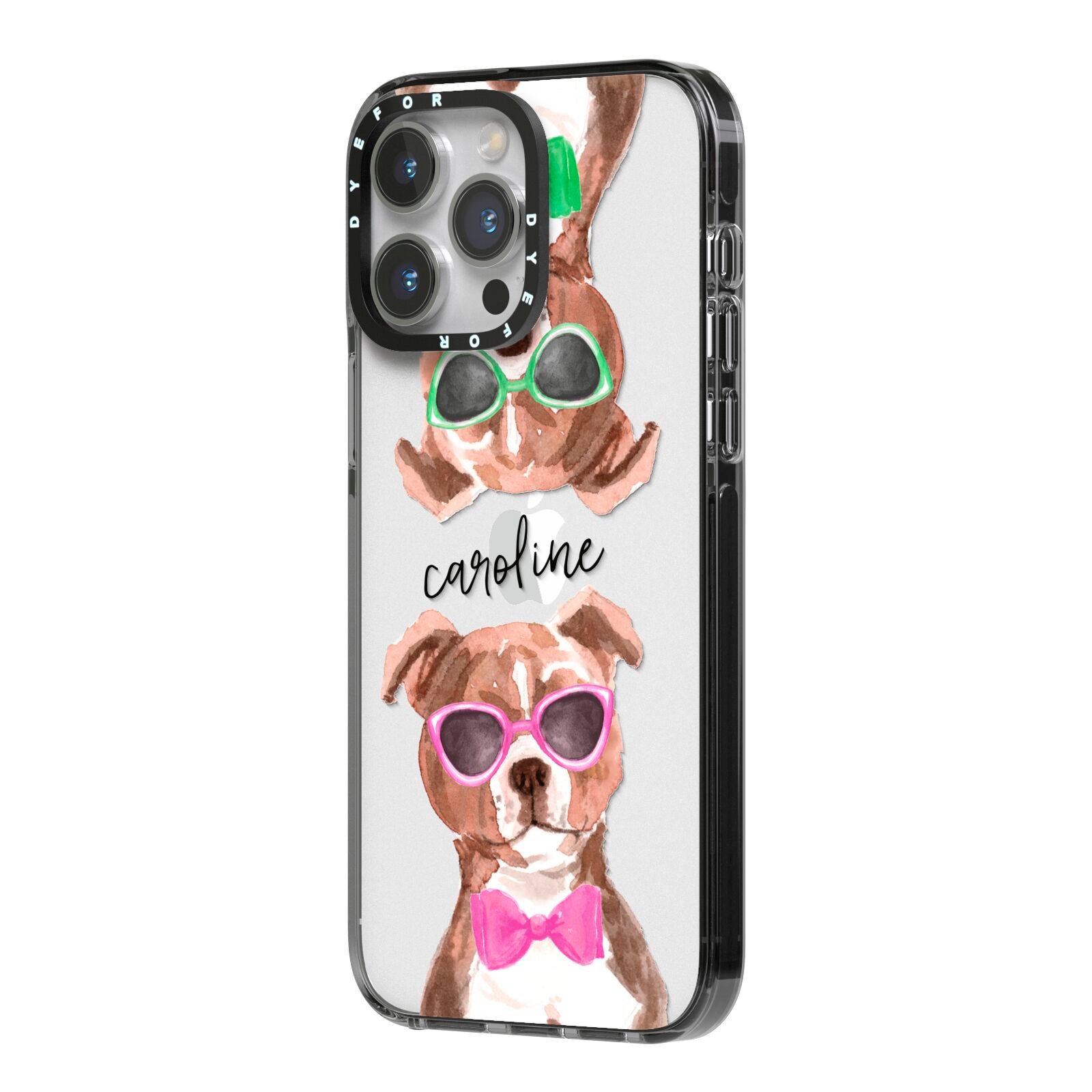 Personalised Staffordshire Bull Terrier iPhone 14 Pro Max Black Impact Case Side Angle on Silver phone