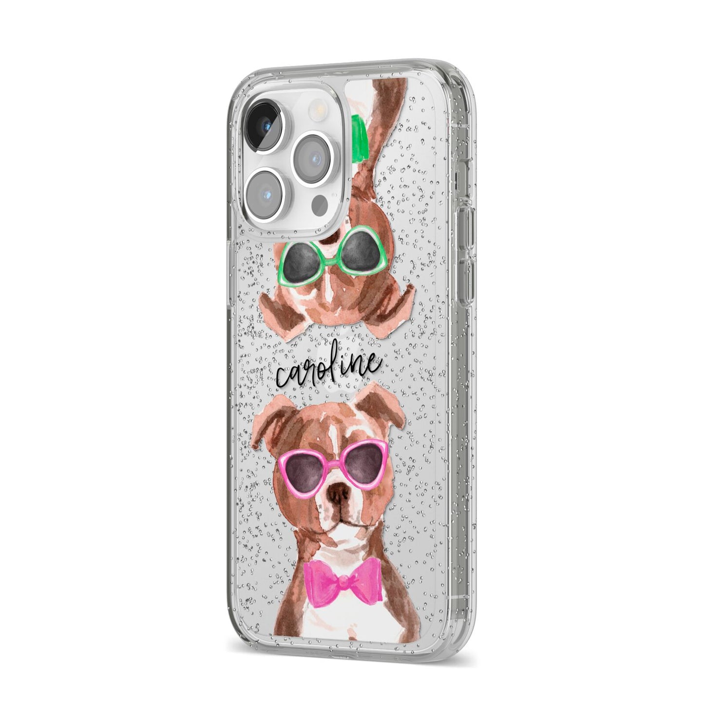 Personalised Staffordshire Bull Terrier iPhone 14 Pro Max Glitter Tough Case Silver Angled Image
