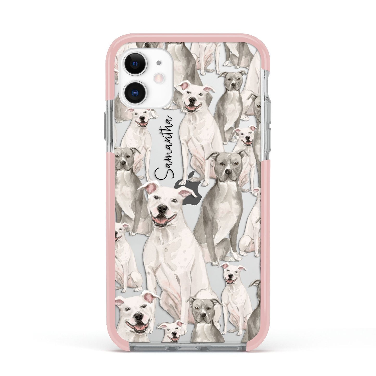 Personalised Staffordshire Dog Apple iPhone 11 in White with Pink Impact Case