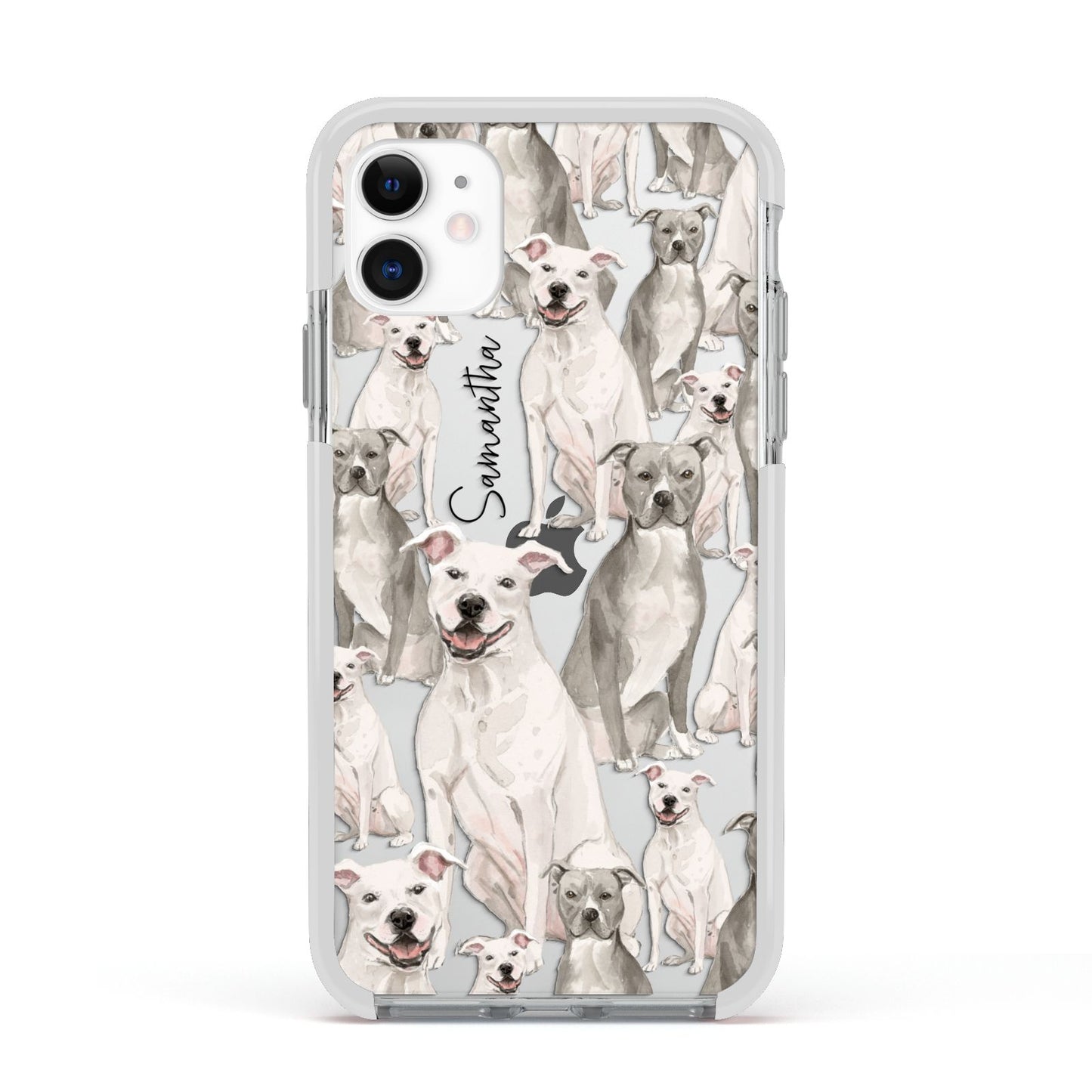 Personalised Staffordshire Dog Apple iPhone 11 in White with White Impact Case