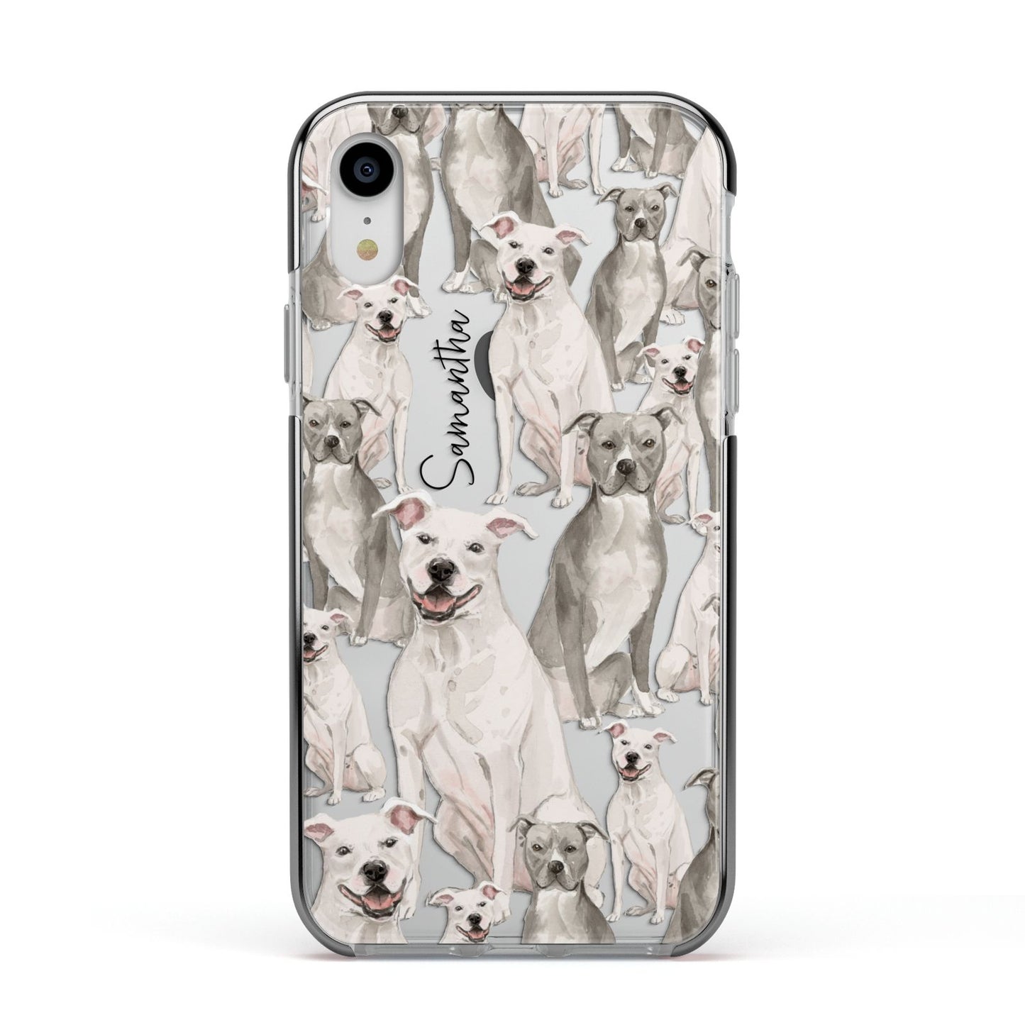 Personalised Staffordshire Dog Apple iPhone XR Impact Case Black Edge on Silver Phone