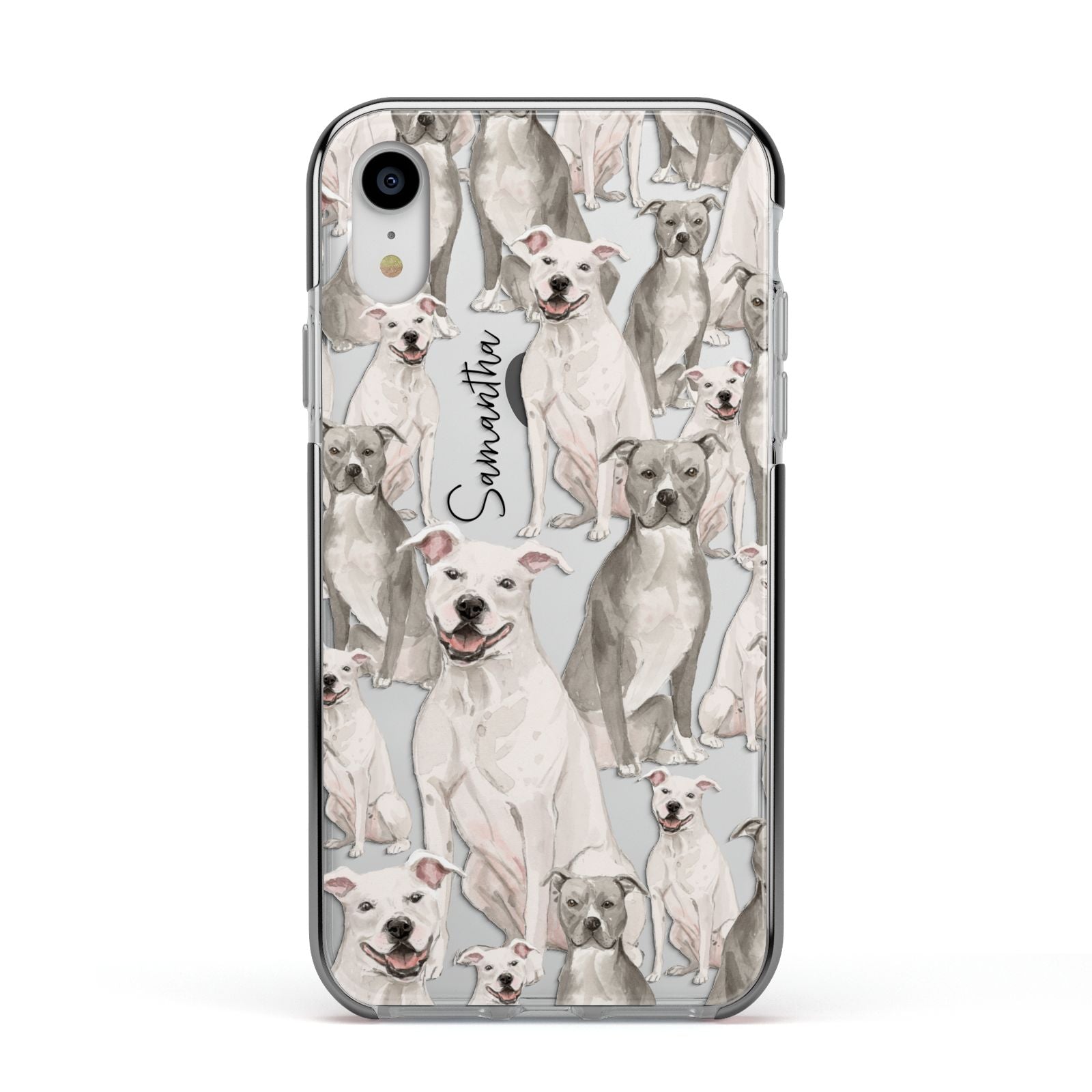 Personalised Staffordshire Dog Apple iPhone XR Impact Case Black Edge on Silver Phone