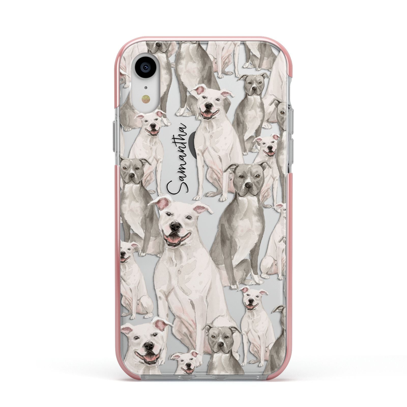 Personalised Staffordshire Dog Apple iPhone XR Impact Case Pink Edge on Silver Phone