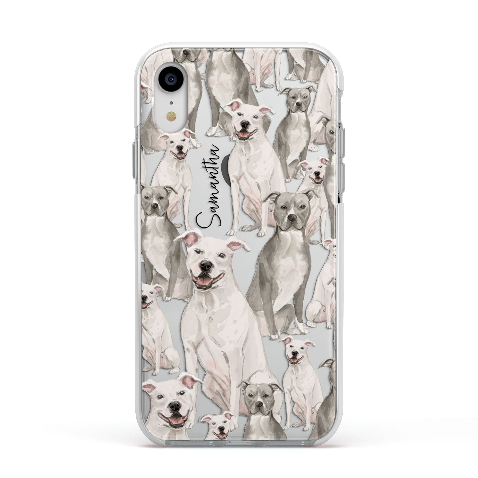 Personalised Staffordshire Dog Apple iPhone XR Impact Case White Edge on Silver Phone
