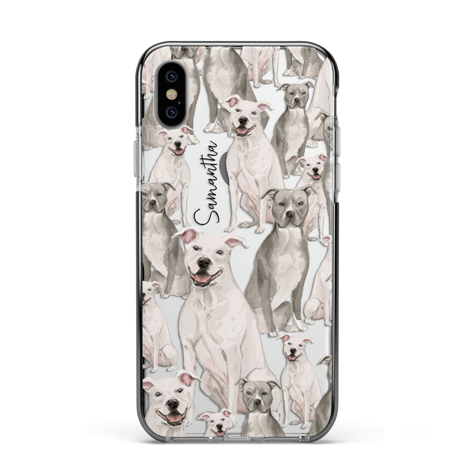 Personalised Staffordshire Dog Apple iPhone Xs Impact Case Black Edge on Silver Phone