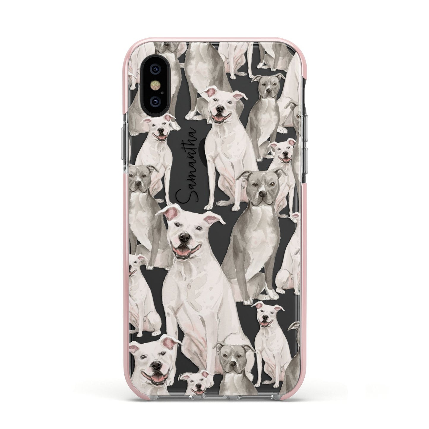 Personalised Staffordshire Dog Apple iPhone Xs Impact Case Pink Edge on Black Phone