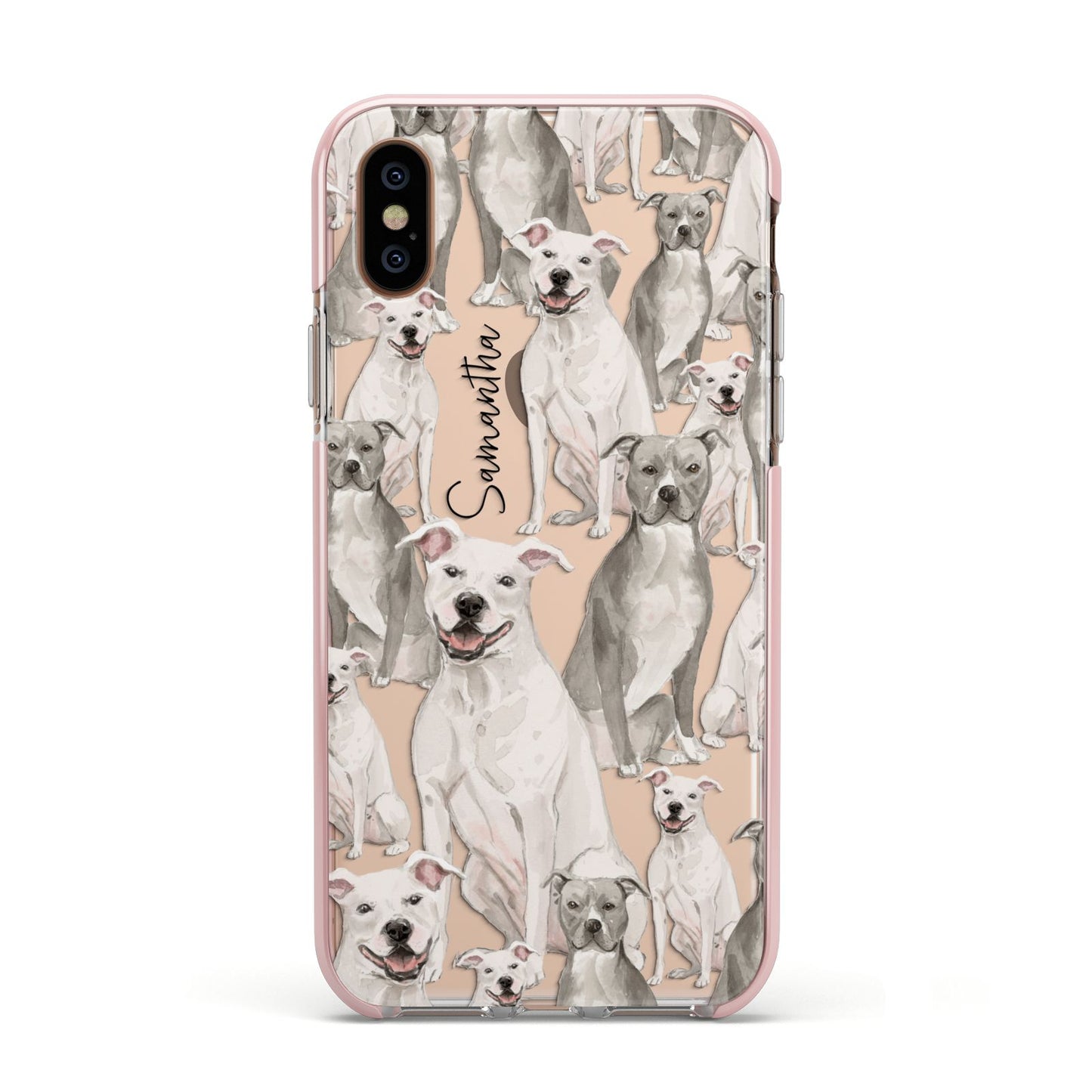 Personalised Staffordshire Dog Apple iPhone Xs Impact Case Pink Edge on Gold Phone