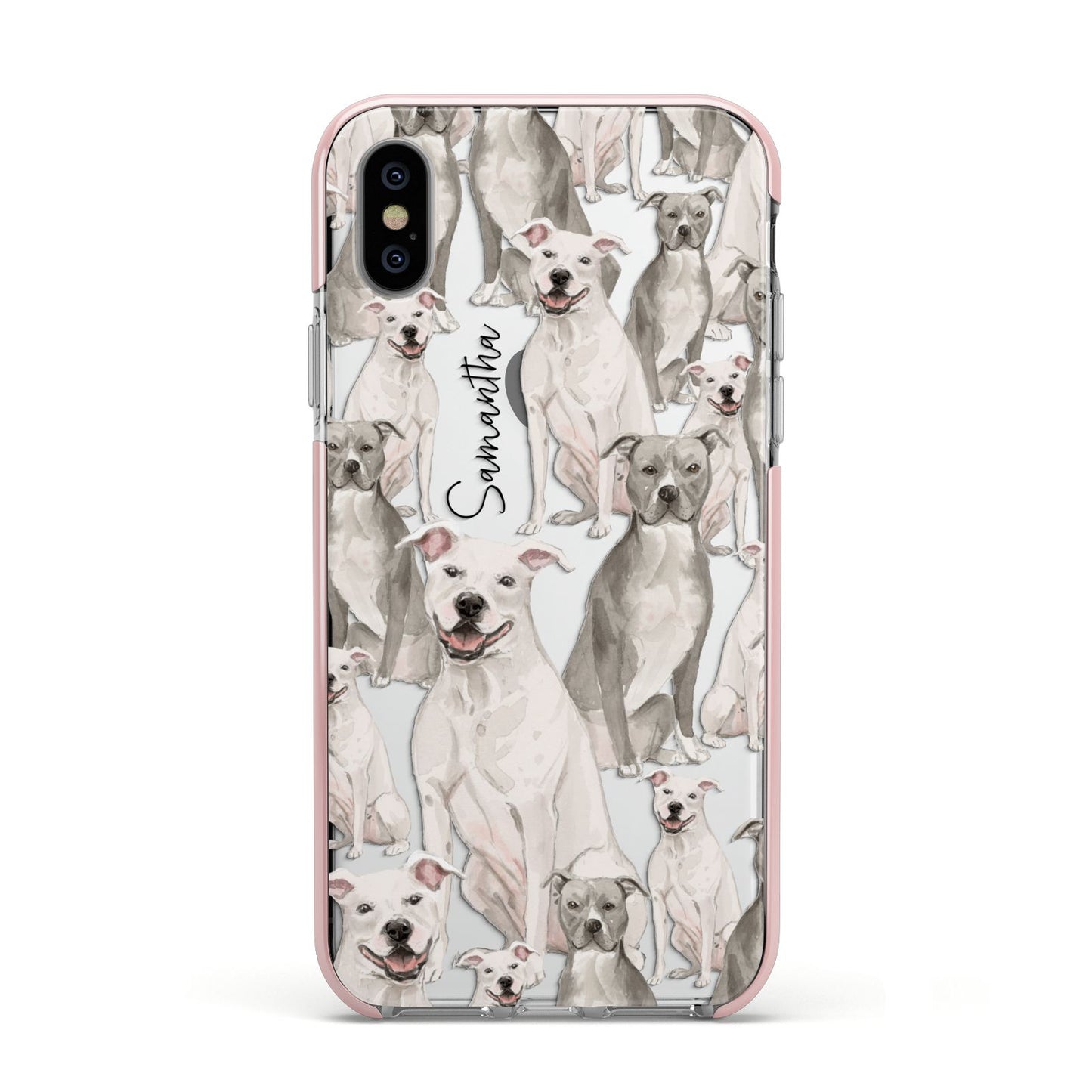 Personalised Staffordshire Dog Apple iPhone Xs Impact Case Pink Edge on Silver Phone
