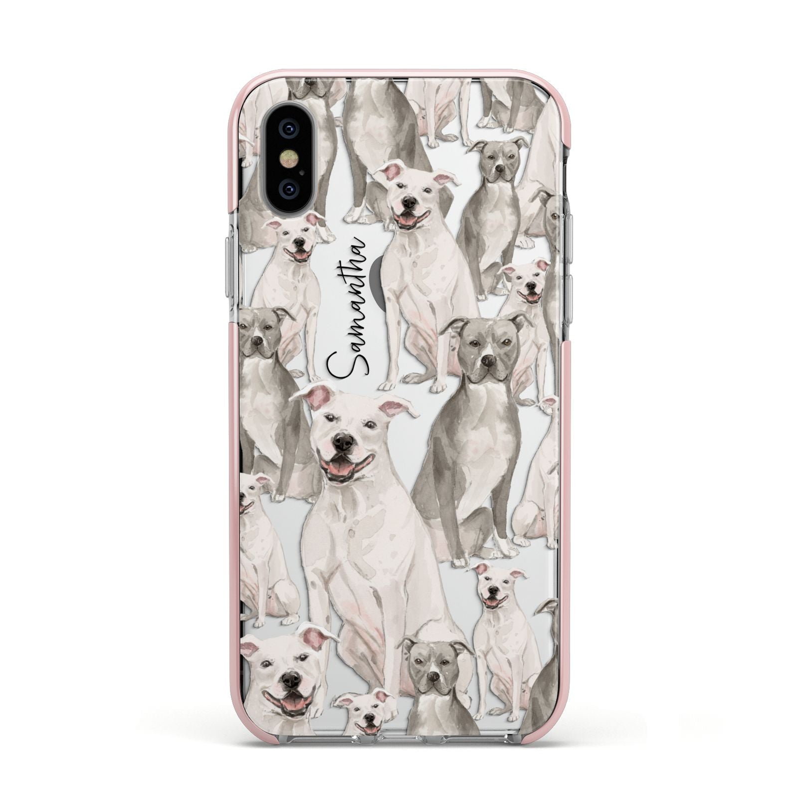Personalised Staffordshire Dog Apple iPhone Xs Impact Case Pink Edge on Silver Phone