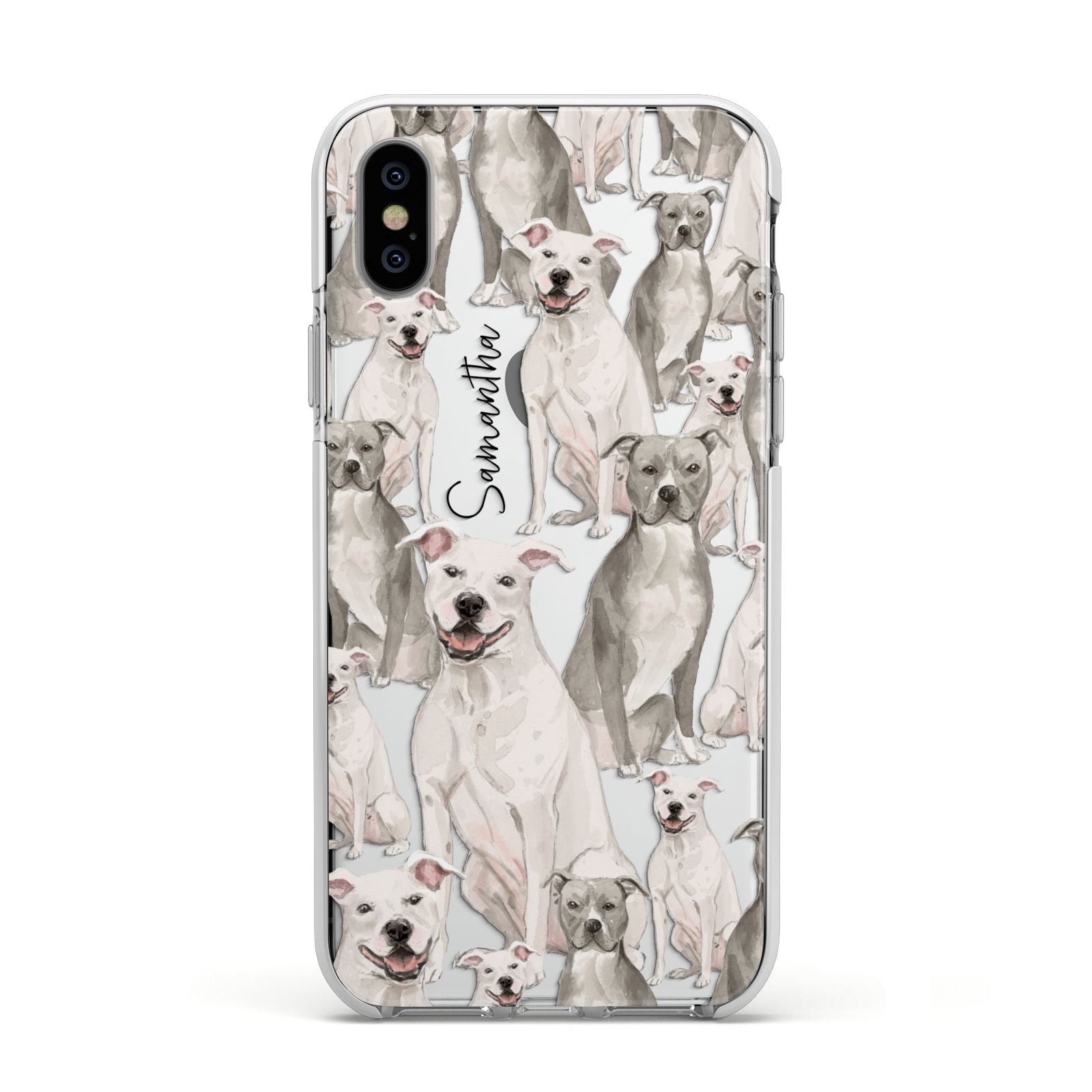 Personalised Staffordshire Dog Apple iPhone Xs Impact Case White Edge on Silver Phone
