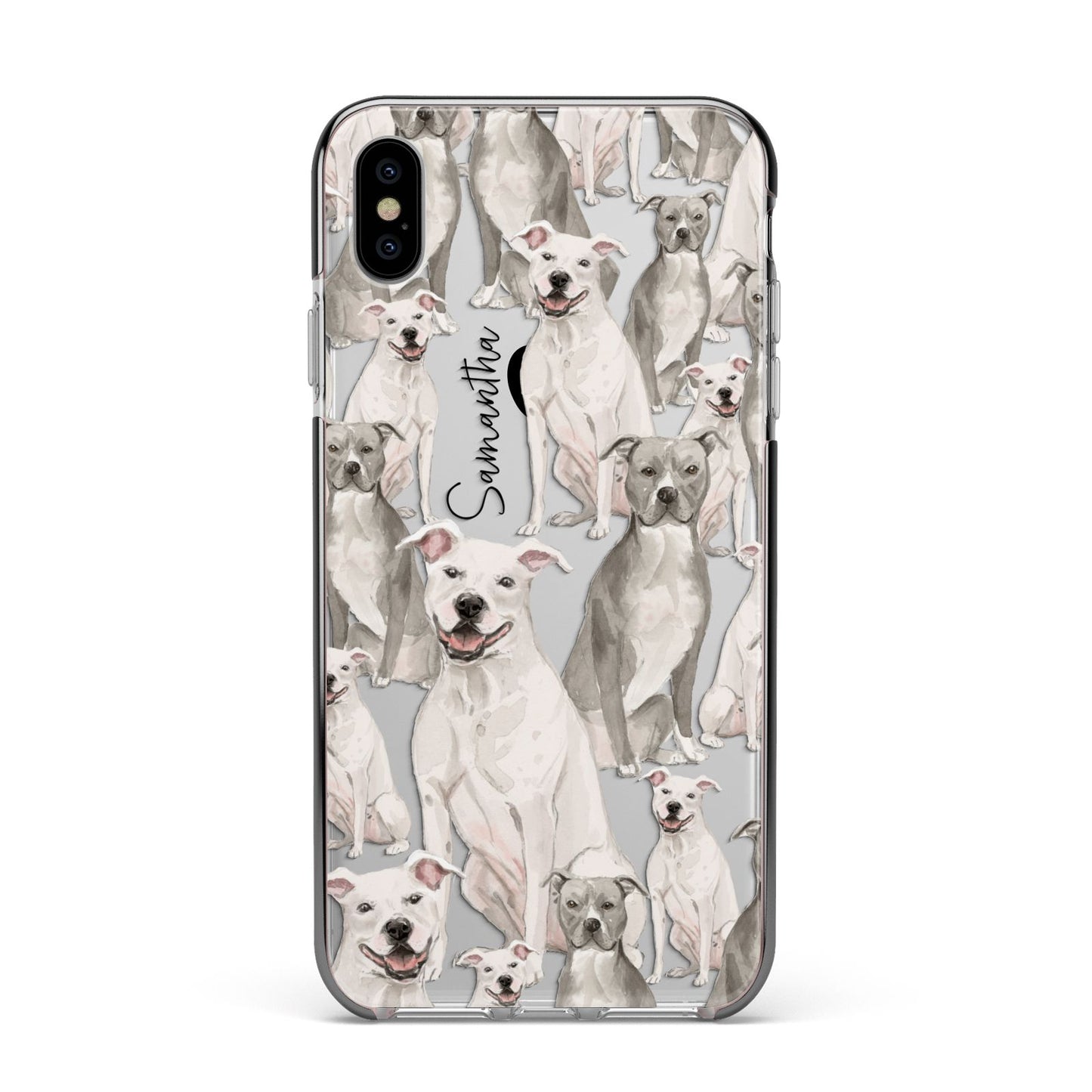 Personalised Staffordshire Dog Apple iPhone Xs Max Impact Case Black Edge on Silver Phone