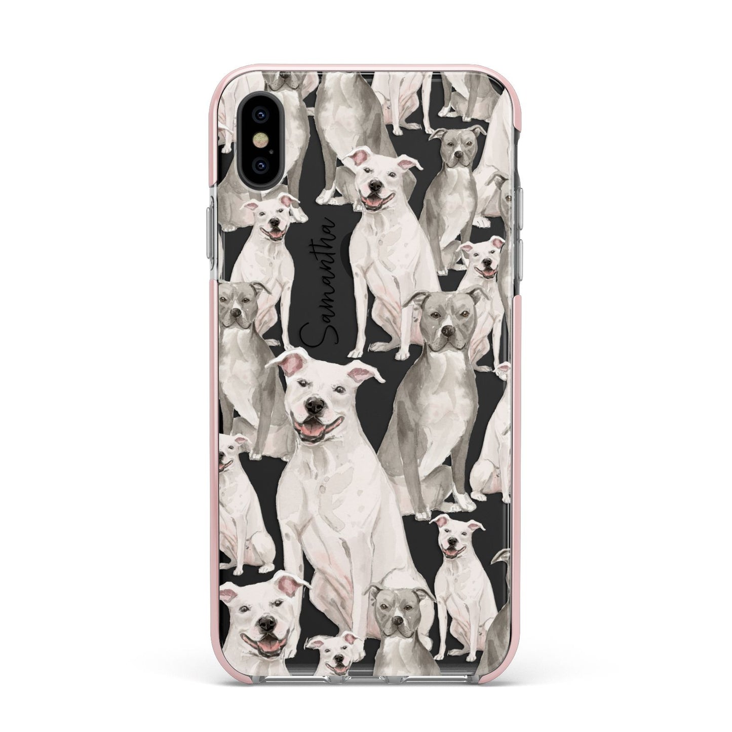 Personalised Staffordshire Dog Apple iPhone Xs Max Impact Case Pink Edge on Black Phone