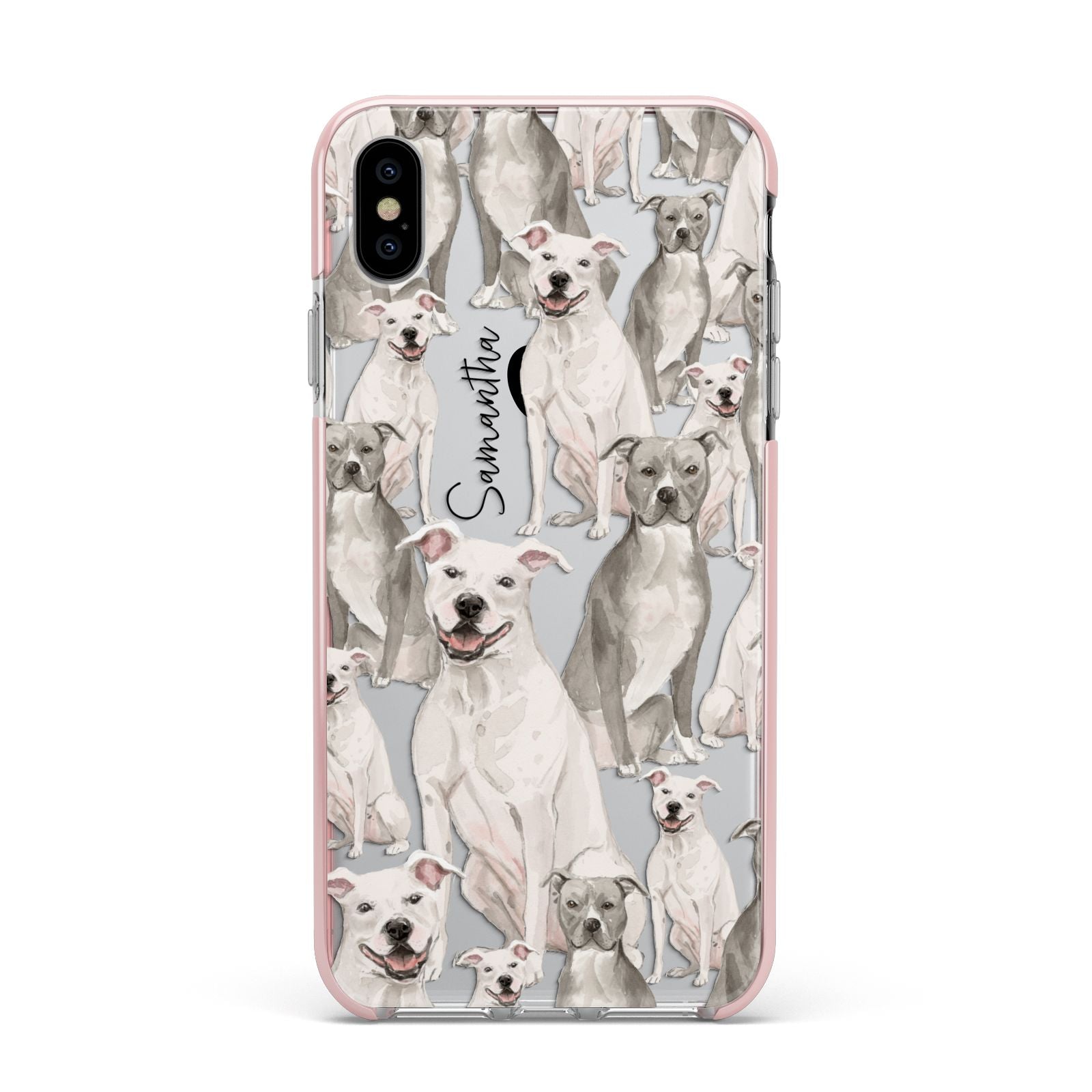 Personalised Staffordshire Dog Apple iPhone Xs Max Impact Case Pink Edge on Silver Phone