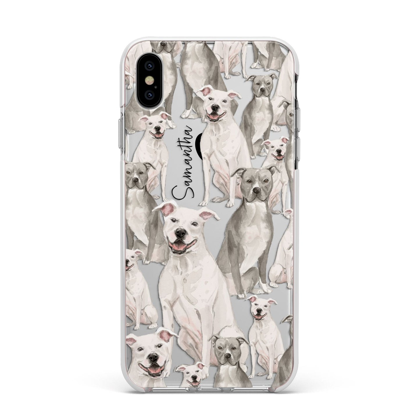 Personalised Staffordshire Dog Apple iPhone Xs Max Impact Case White Edge on Silver Phone