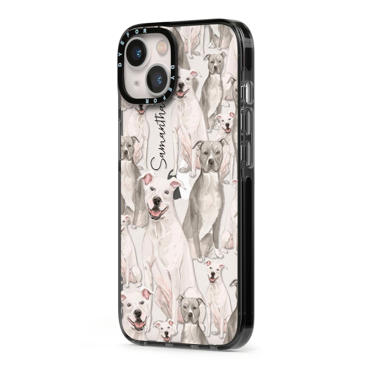 Personalised Staffordshire Dog iPhone 13 Black Impact Case Side Angle on Silver phone